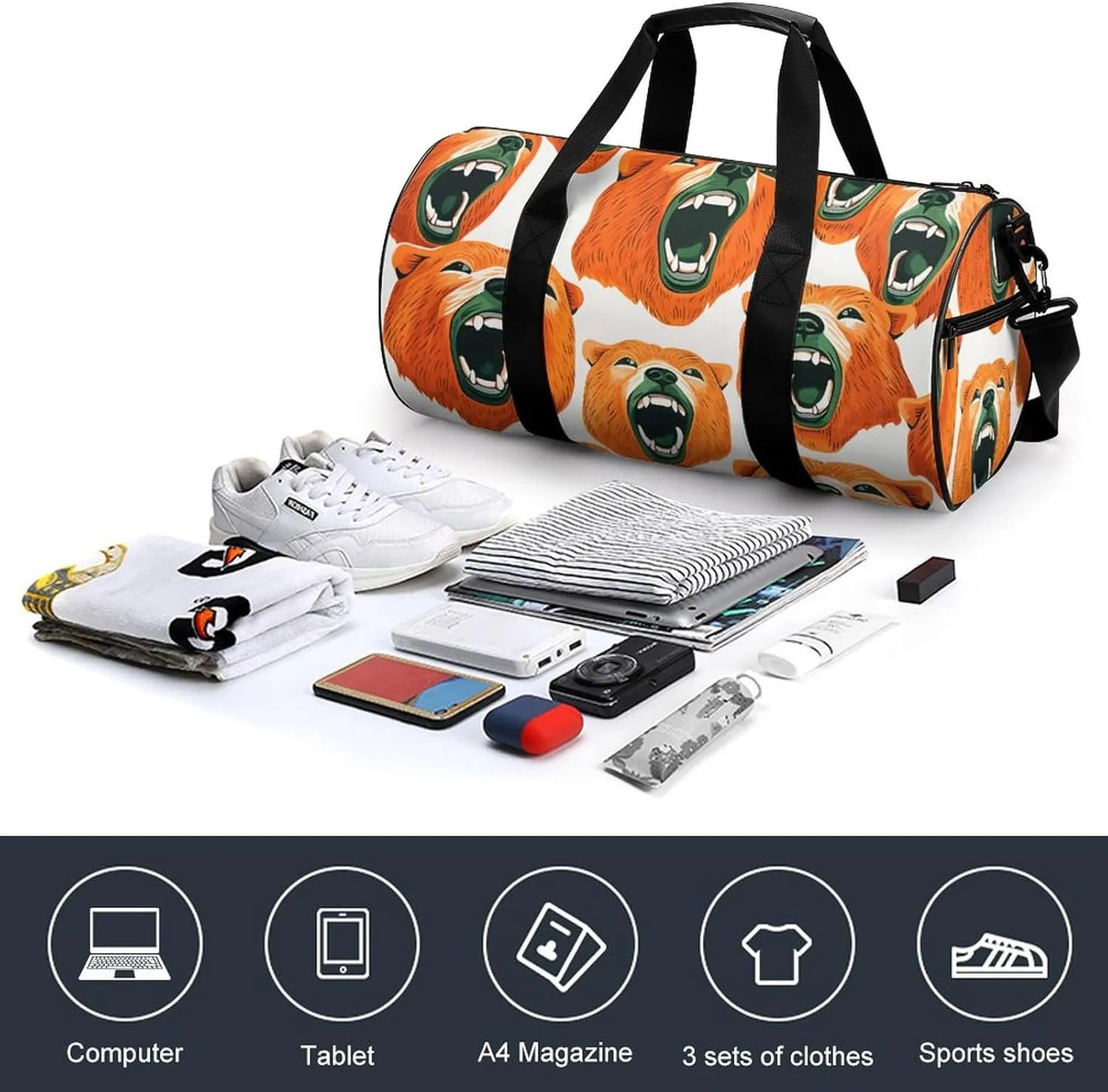 Duffel Bag for Men Women Gym Bag Bear Face And Teeth Travel Duffel Bag Waterproof Overnight Bag for Sports Workout