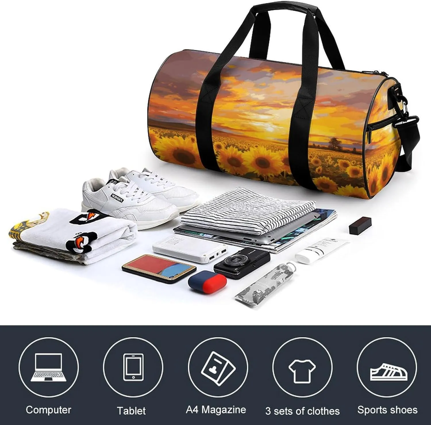 Duffel Bag for Men Women Gym Bag Beautiful Sunflower Field Sunset Travel Duffel Bag Waterproof Overnight Bag for Sports Workout