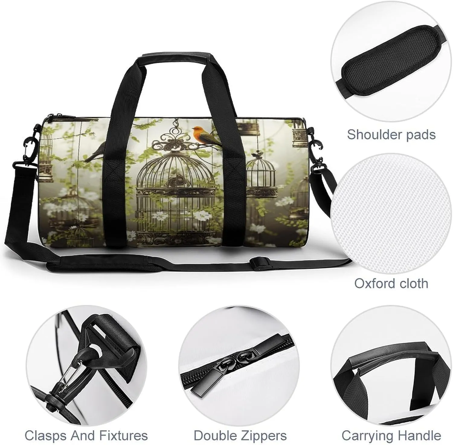 Duffel Bag for Men Women Gym Bag Birdcages And Birds Travel Duffel Bag Waterproof Overnight Bag for Sports Workout