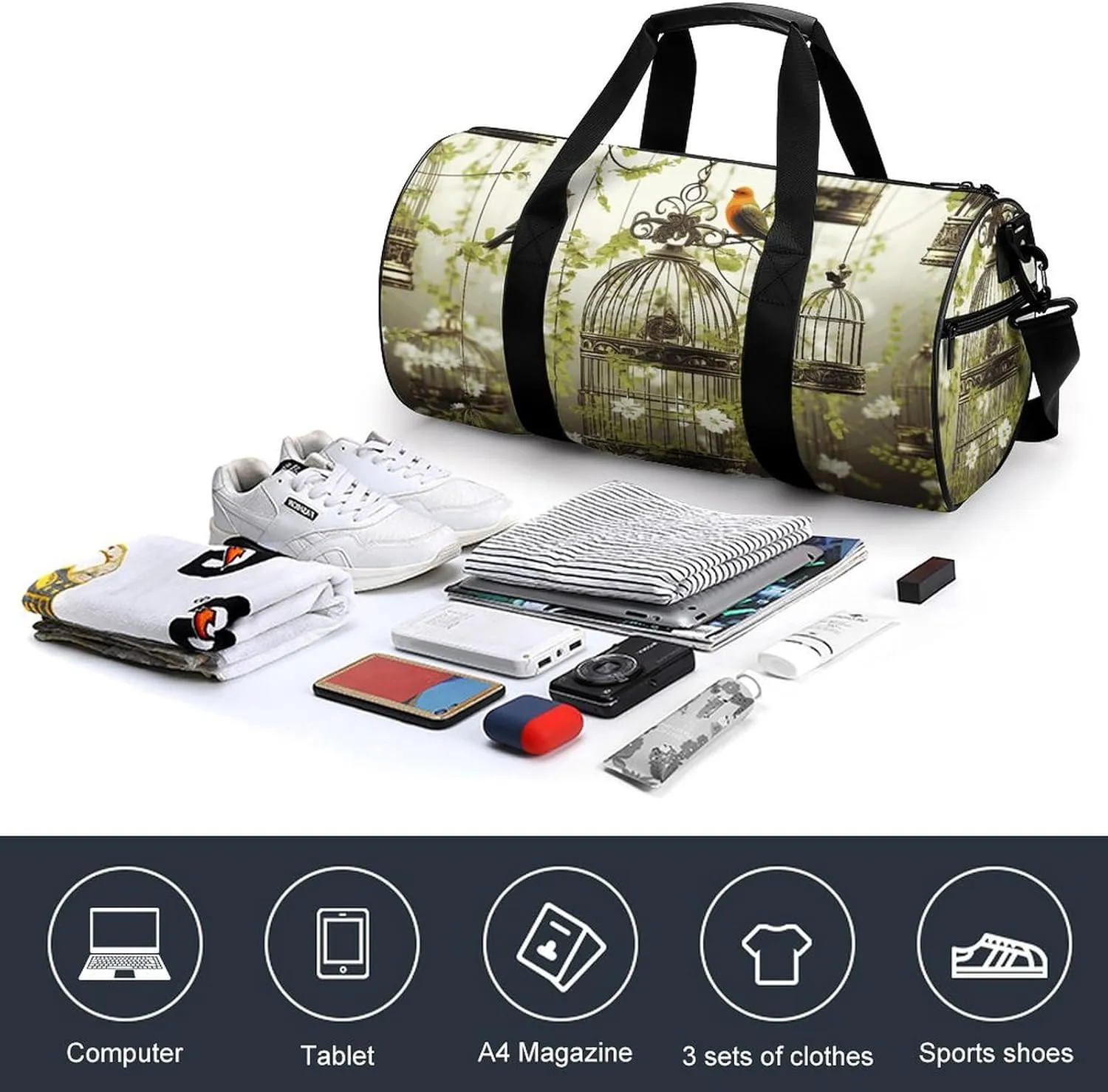 Duffel Bag for Men Women Gym Bag Birdcages And Birds Travel Duffel Bag Waterproof Overnight Bag for Sports Workout