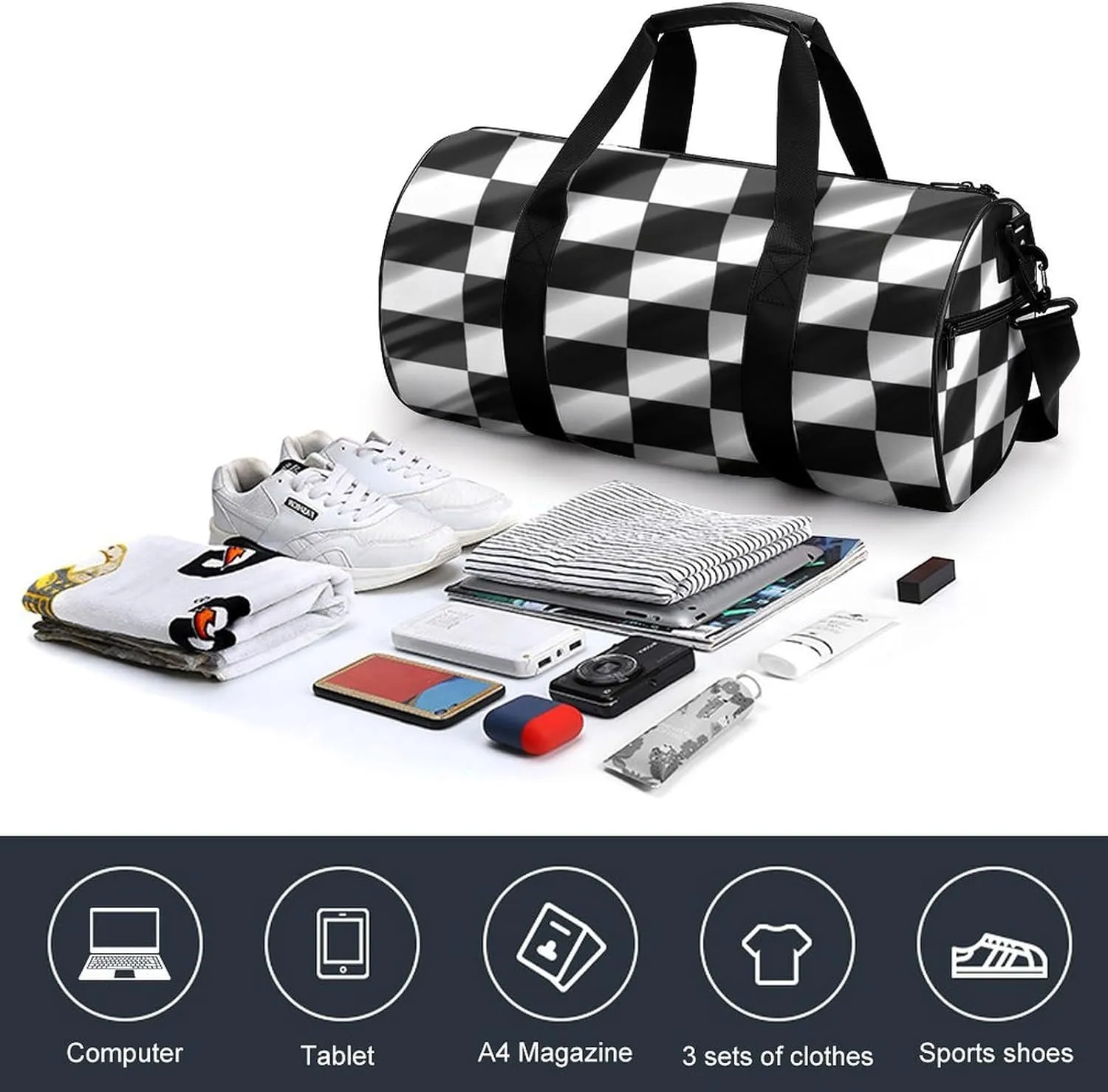 Duffel Bag for Men Women Gym Bag Black White Race Checkered Flag Travel Duffel Bag Waterproof Overnight Bag for Sports Workout