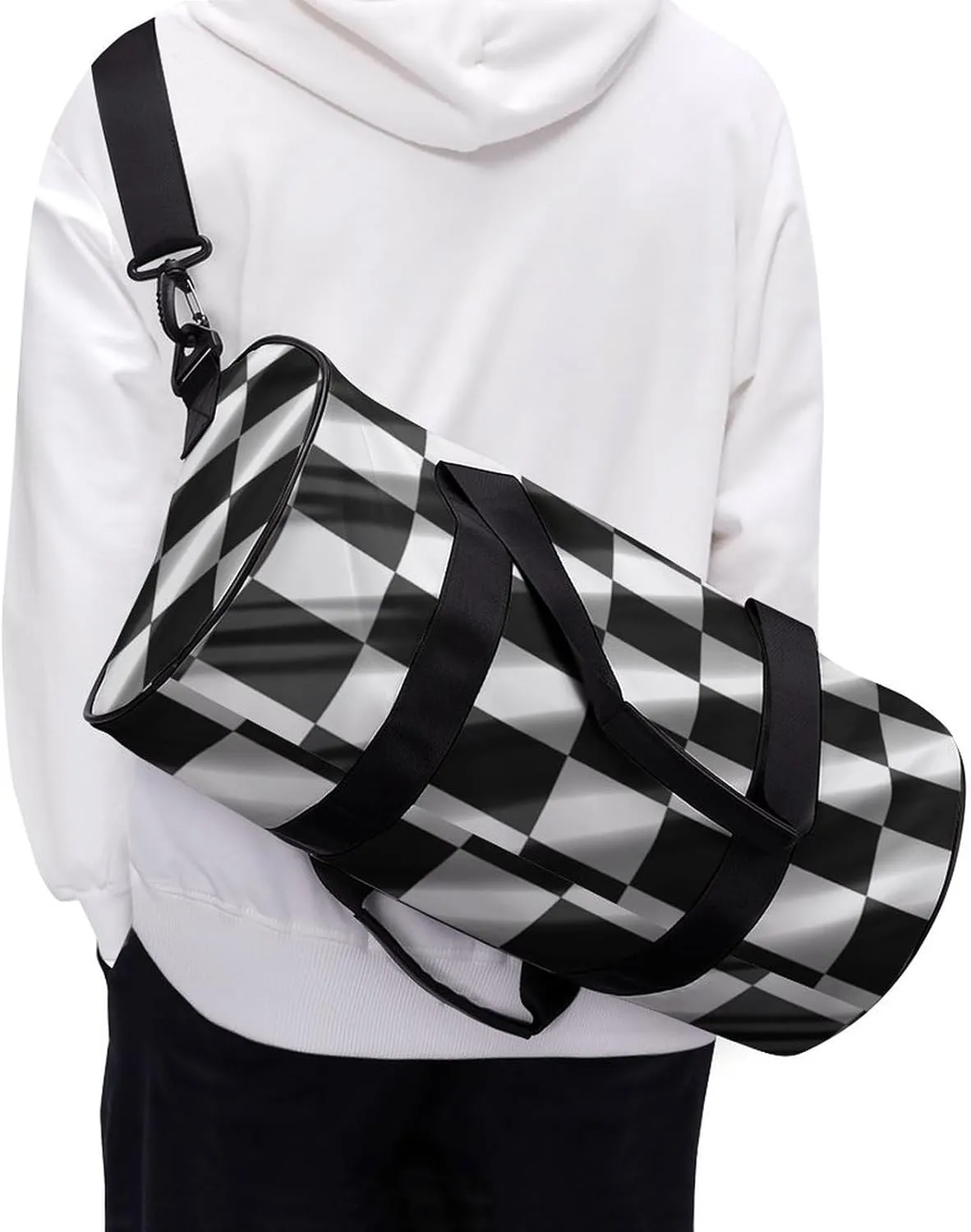 Duffel Bag for Men Women Gym Bag Black White Race Checkered Flag Travel Duffel Bag Waterproof Overnight Bag for Sports Workout