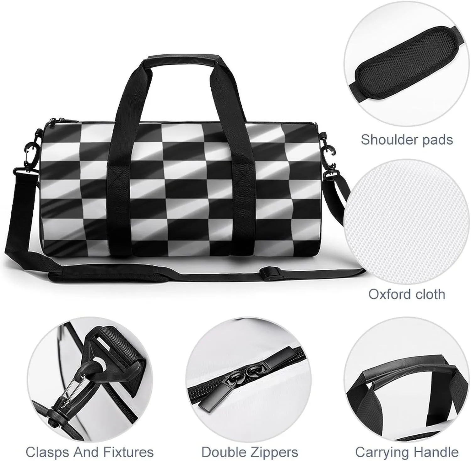 Duffel Bag for Men Women Gym Bag Black White Race Checkered Flag Travel Duffel Bag Waterproof Overnight Bag for Sports Workout