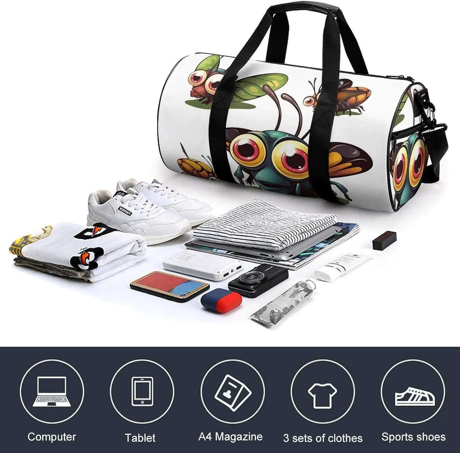 Duffel Bag for Men Women Gym Bag Cartoon Insect Travel Duffel Bag Waterproof Overnight Bag for Sports Workout
