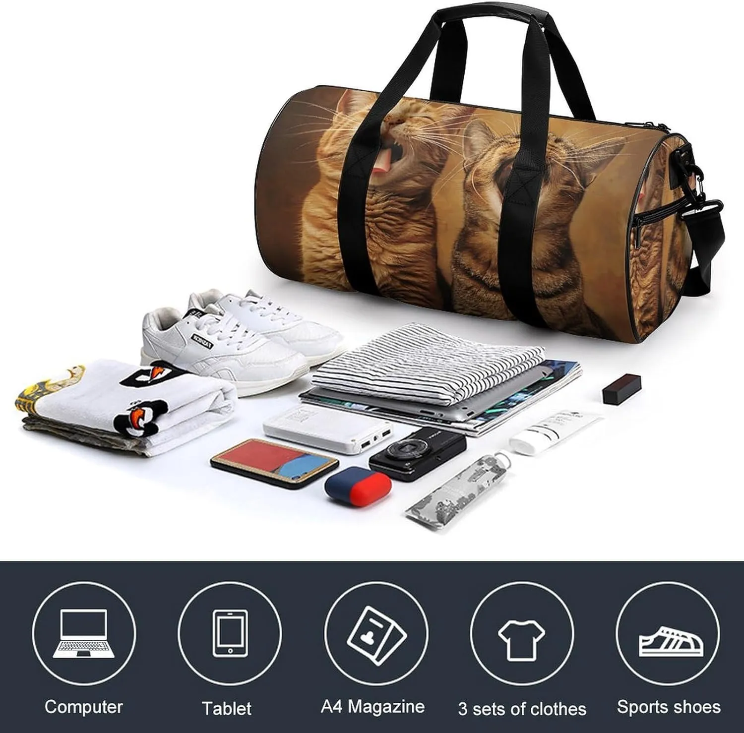 Duffel Bag for Men Women Gym Bag Cat Sticks Out Tongue Travel Duffel Bag Waterproof Overnight Bag for Sports Workout