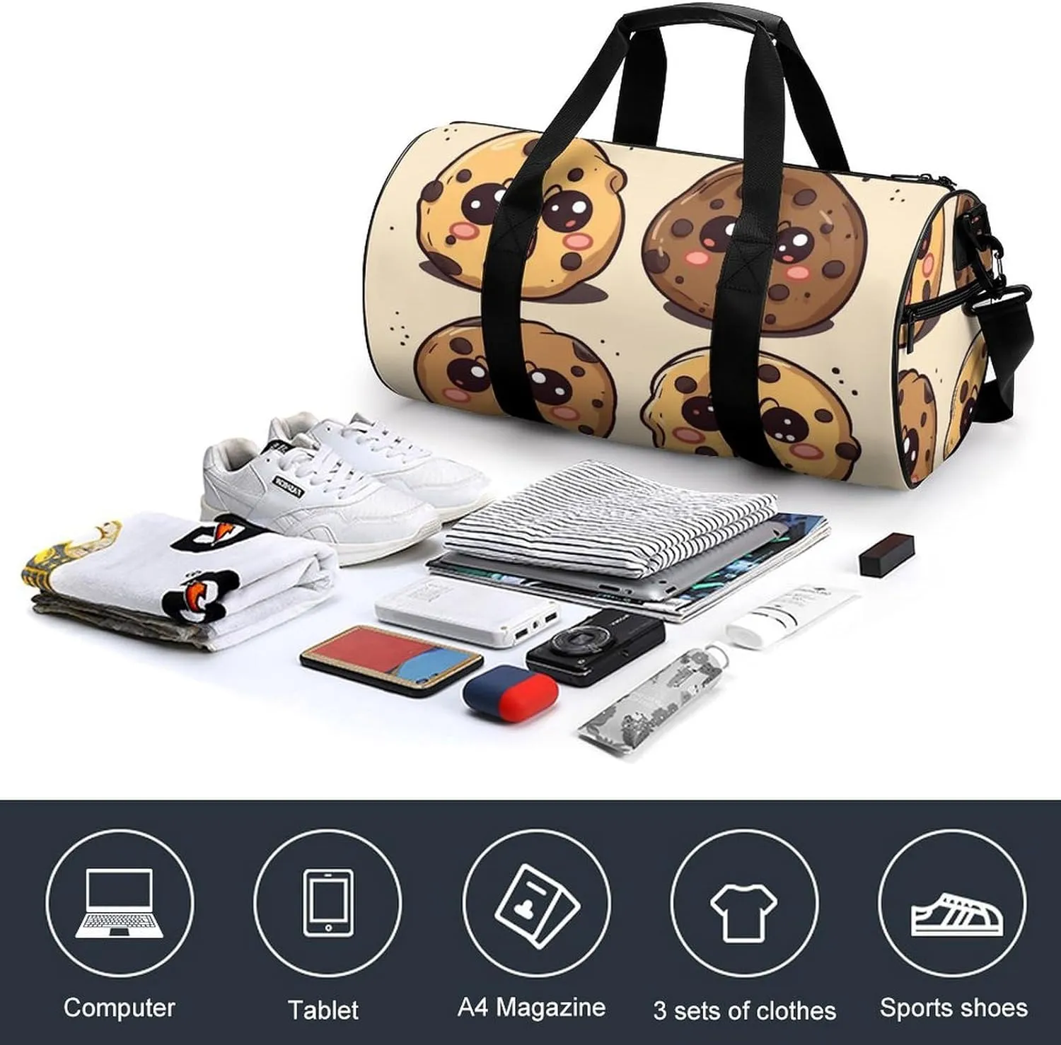 Duffel Bag for Men Women Gym Bag Chocolate Chip Cookies Travel Duffel Bag Waterproof Overnight Bag for Sports Workout