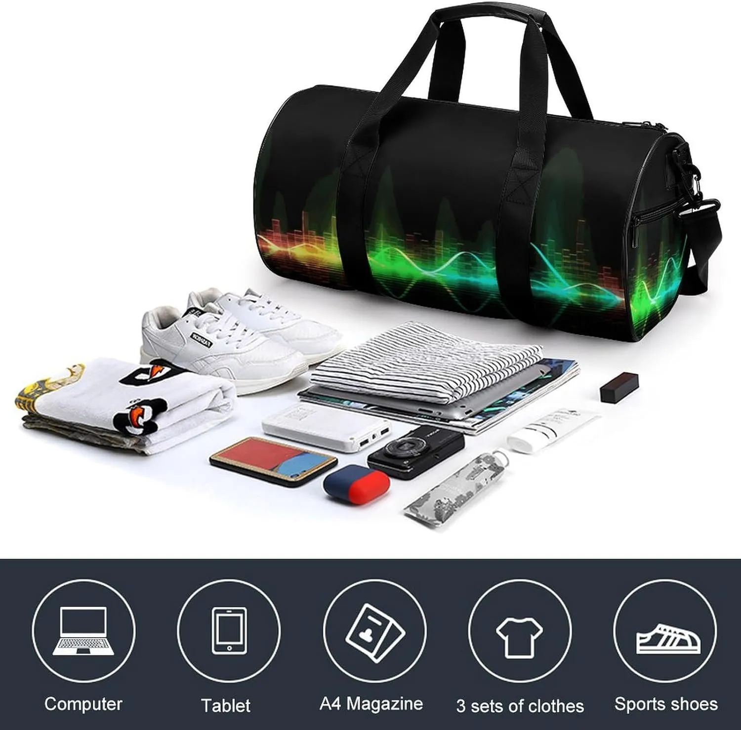 Duffel Bag for Men Women Gym Bag Cool Music Sound Wave Travel Duffel Bag Waterproof Overnight Bag for Sports Workout