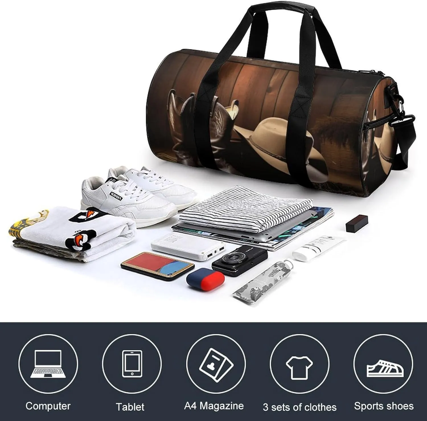 Duffel Bag for Men Women Gym Bag Cowboy Black Hat Western Boots Travel Duffel Bag Waterproof Overnight Bag for Sports Workout