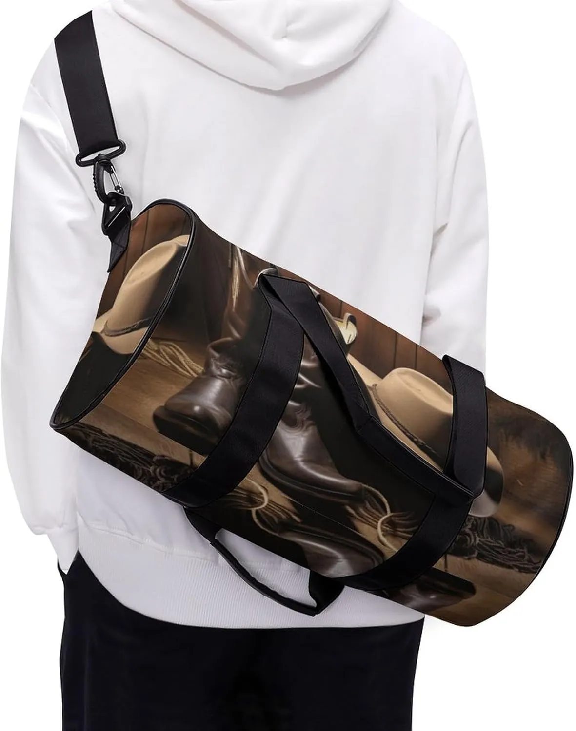 Duffel Bag for Men Women Gym Bag Cowboy Black Hat Western Boots Travel Duffel Bag Waterproof Overnight Bag for Sports Workout