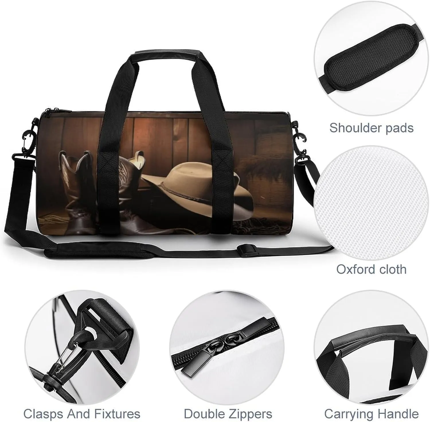 Duffel Bag for Men Women Gym Bag Cowboy Black Hat Western Boots Travel Duffel Bag Waterproof Overnight Bag for Sports Workout