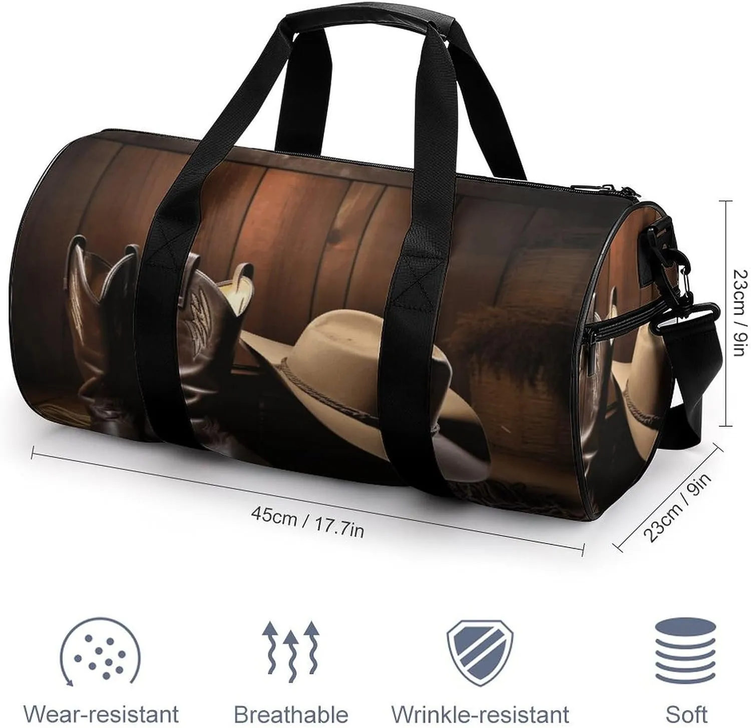 Duffel Bag for Men Women Gym Bag Cowboy Black Hat Western Boots Travel Duffel Bag Waterproof Overnight Bag for Sports Workout