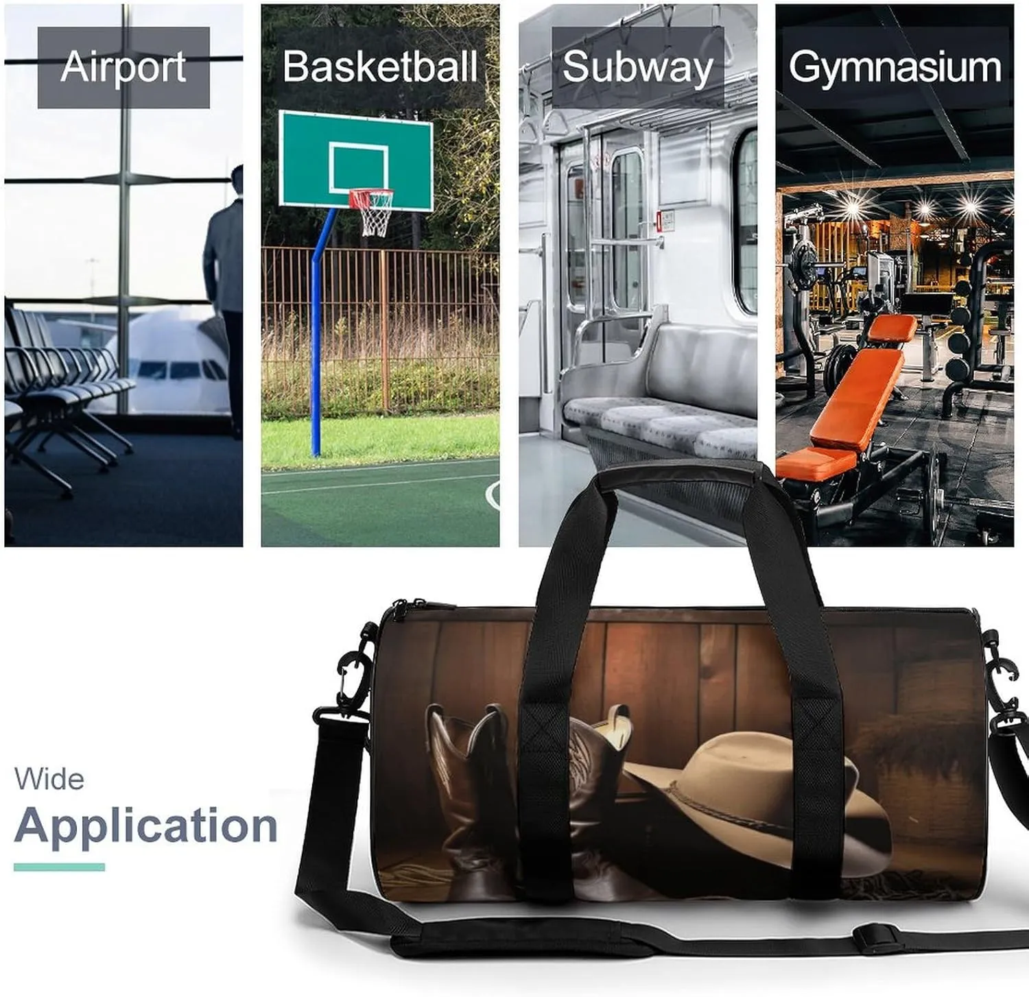 Duffel Bag for Men Women Gym Bag Cowboy Black Hat Western Boots Travel Duffel Bag Waterproof Overnight Bag for Sports Workout