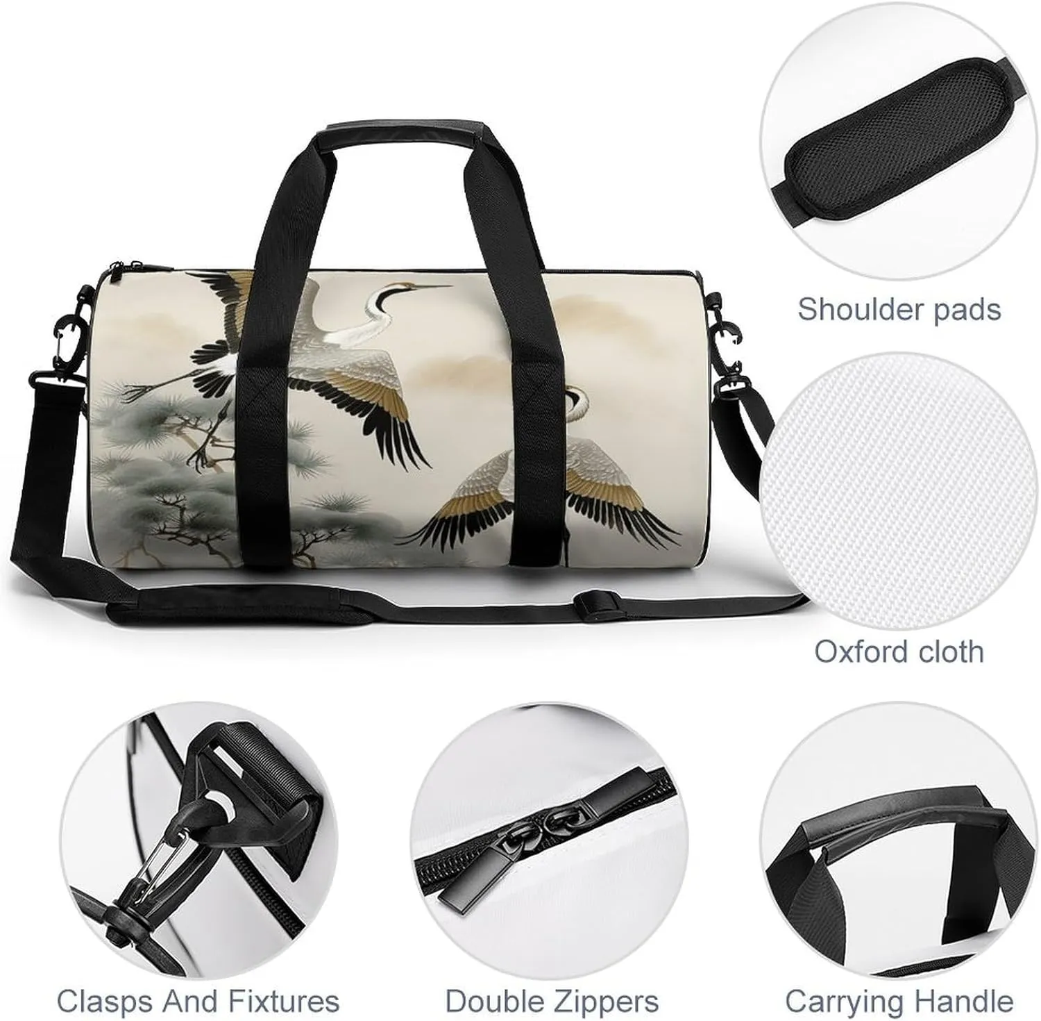 Duffel Bag for Men Women Gym Bag Cranes Flying Traditional Painting Travel Duffel Bag Waterproof Overnight Bag for Sports Workout
