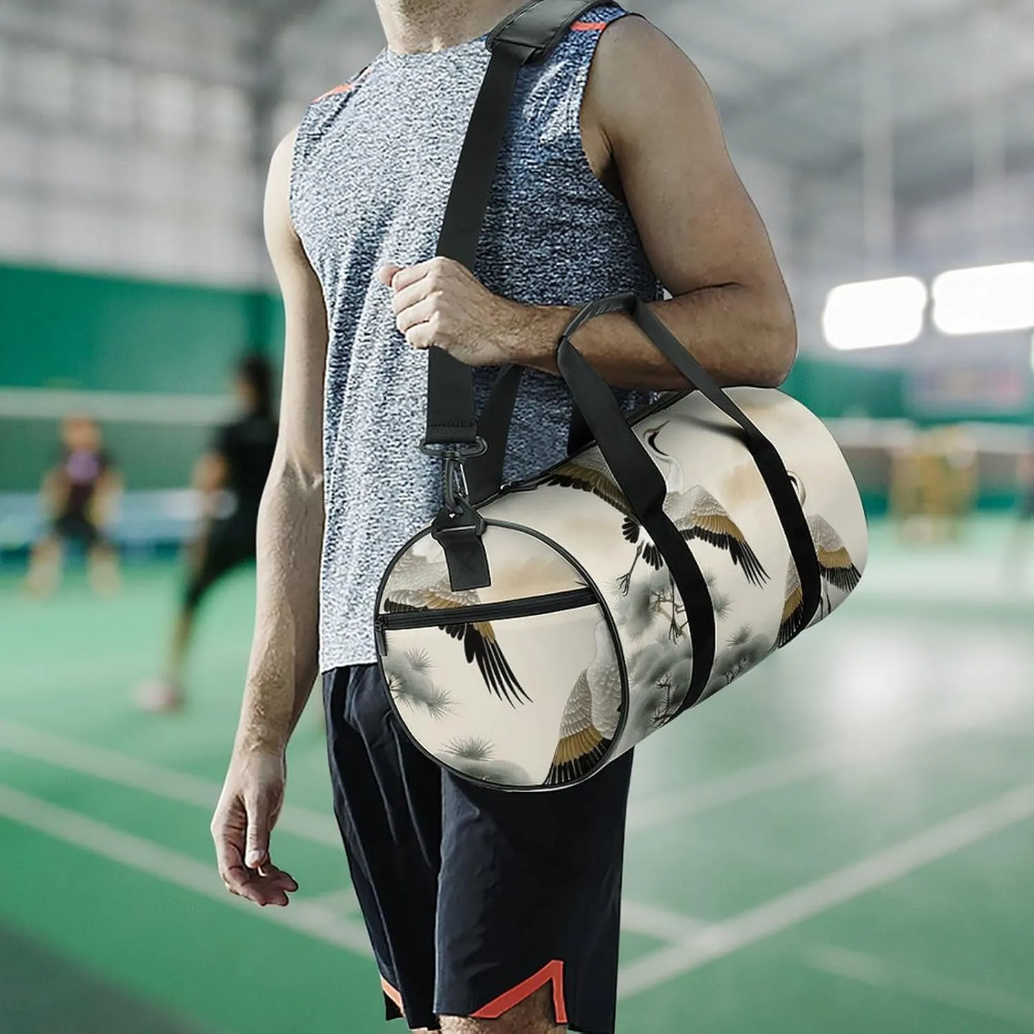 Duffel Bag for Men Women Gym Bag Cranes Flying Traditional Painting Travel Duffel Bag Waterproof Overnight Bag for Sports Workout