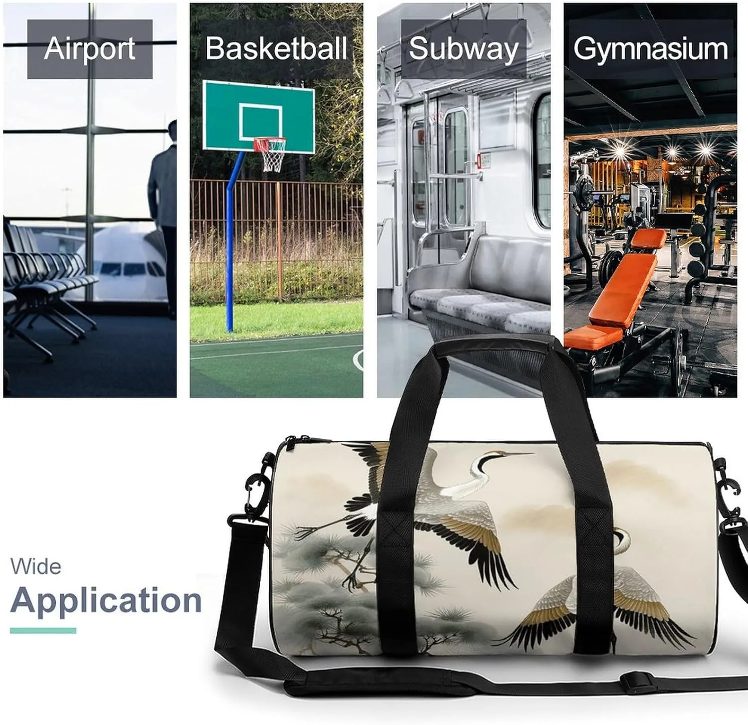 Duffel Bag for Men Women Gym Bag Cranes Flying Traditional Painting Travel Duffel Bag Waterproof Overnight Bag for Sports Workout