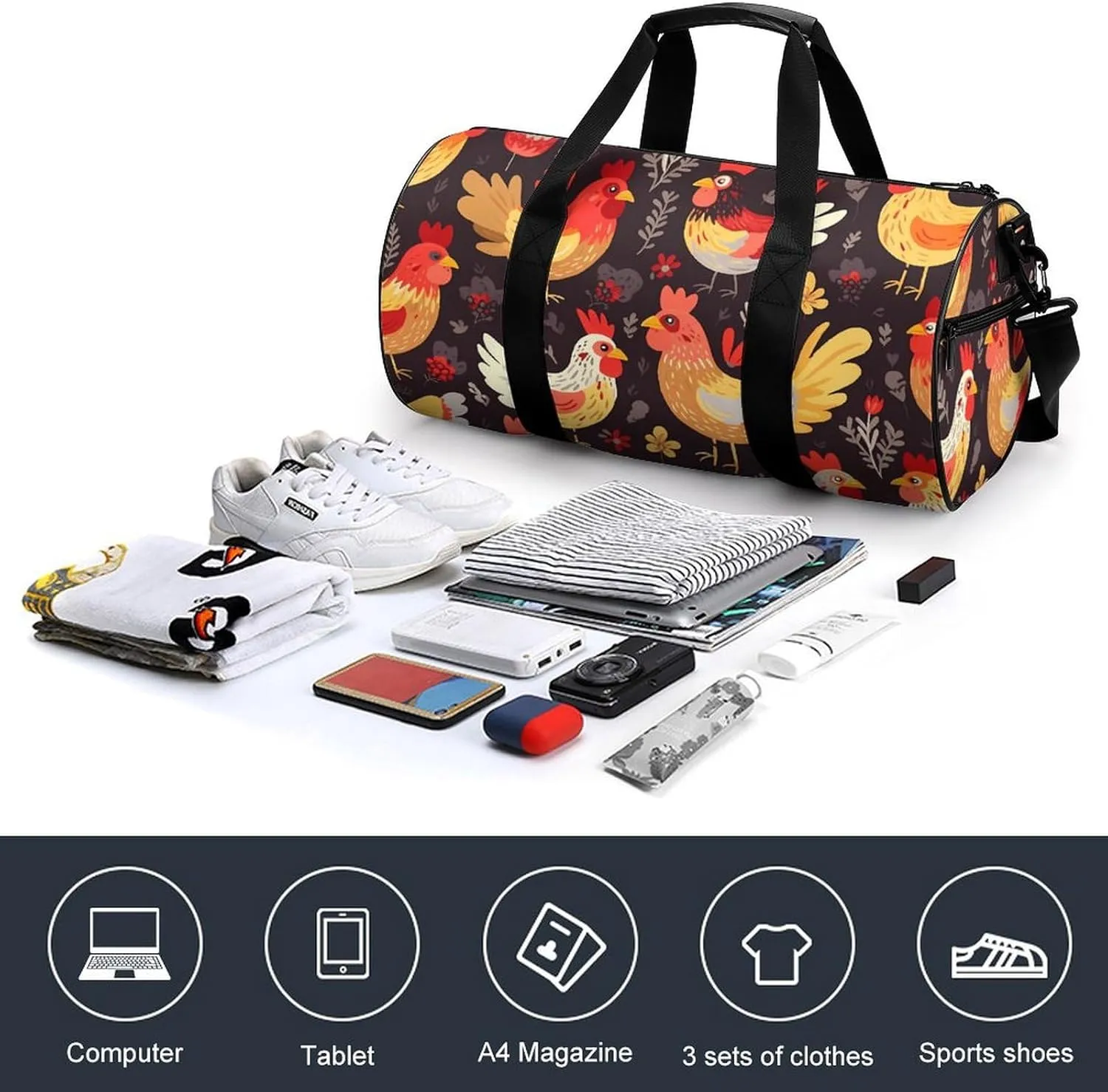 Duffel Bag for Men Women Gym Bag Cute Rooster Chickens Travel Duffel Bag Waterproof Overnight Bag for Sports Workout