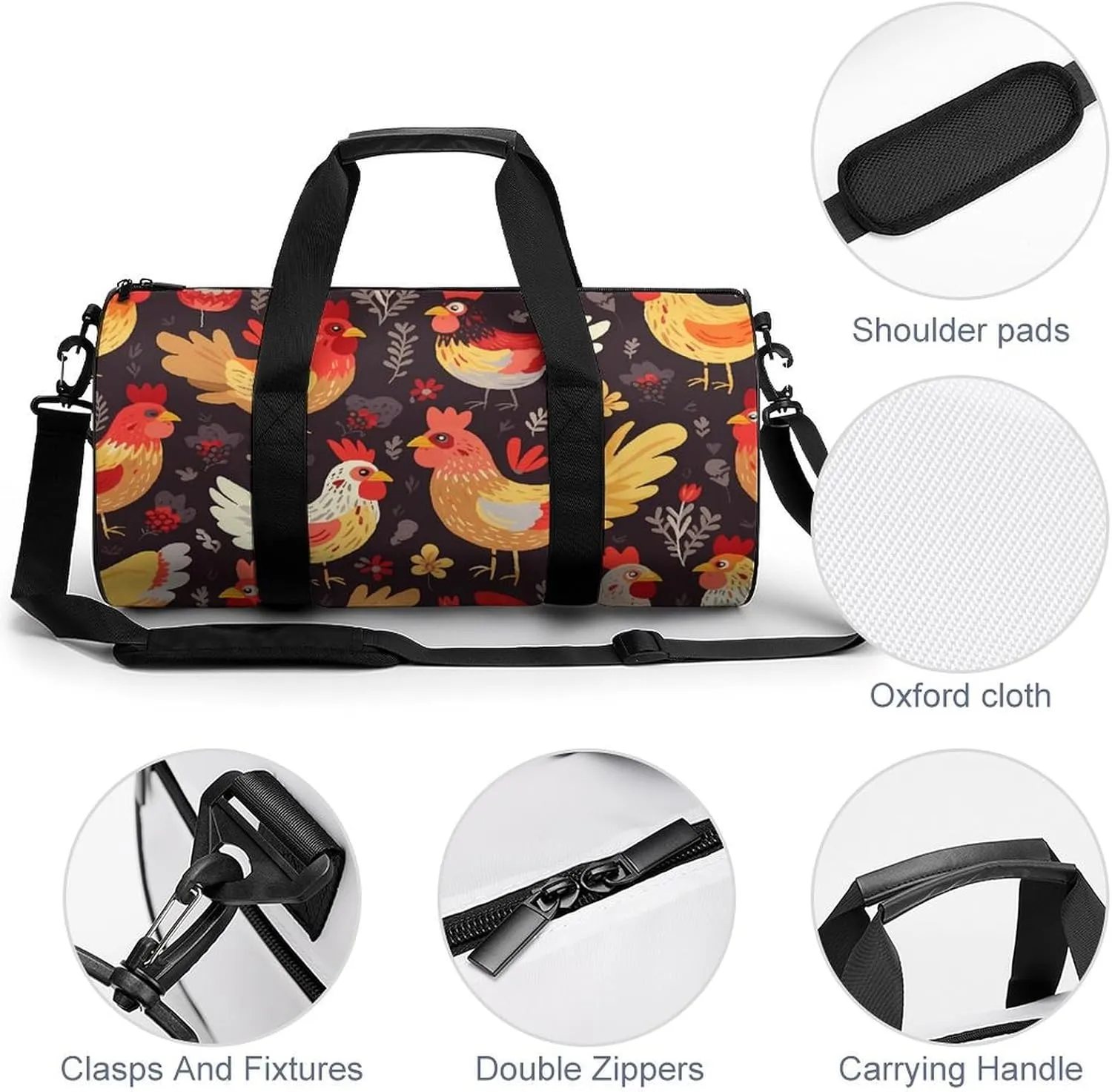 Duffel Bag for Men Women Gym Bag Cute Rooster Chickens Travel Duffel Bag Waterproof Overnight Bag for Sports Workout