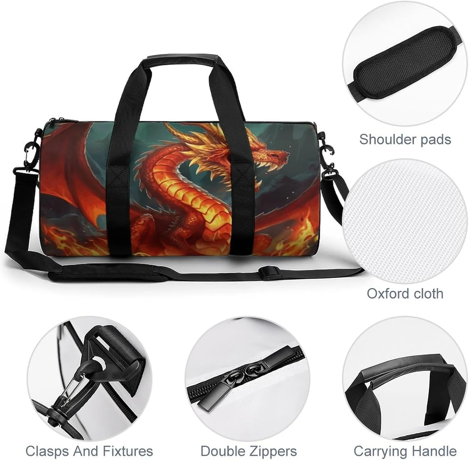 Duffel Bag for Men Women Gym Bag Dragon King in Fire Travel Duffel Bag Waterproof Overnight Bag for Sports Workout