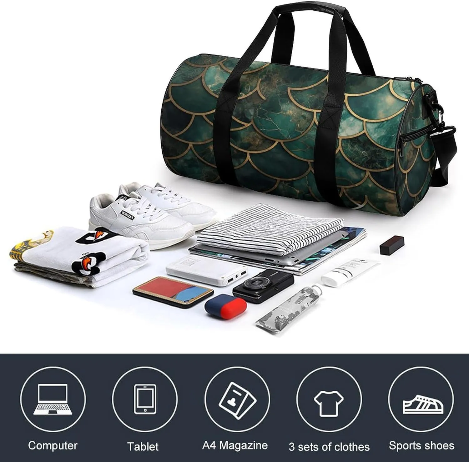Duffel Bag for Men Women Gym Bag Fish Scale Shaped Pattern Travel Duffel Bag Waterproof Overnight Bag for Sports Workout