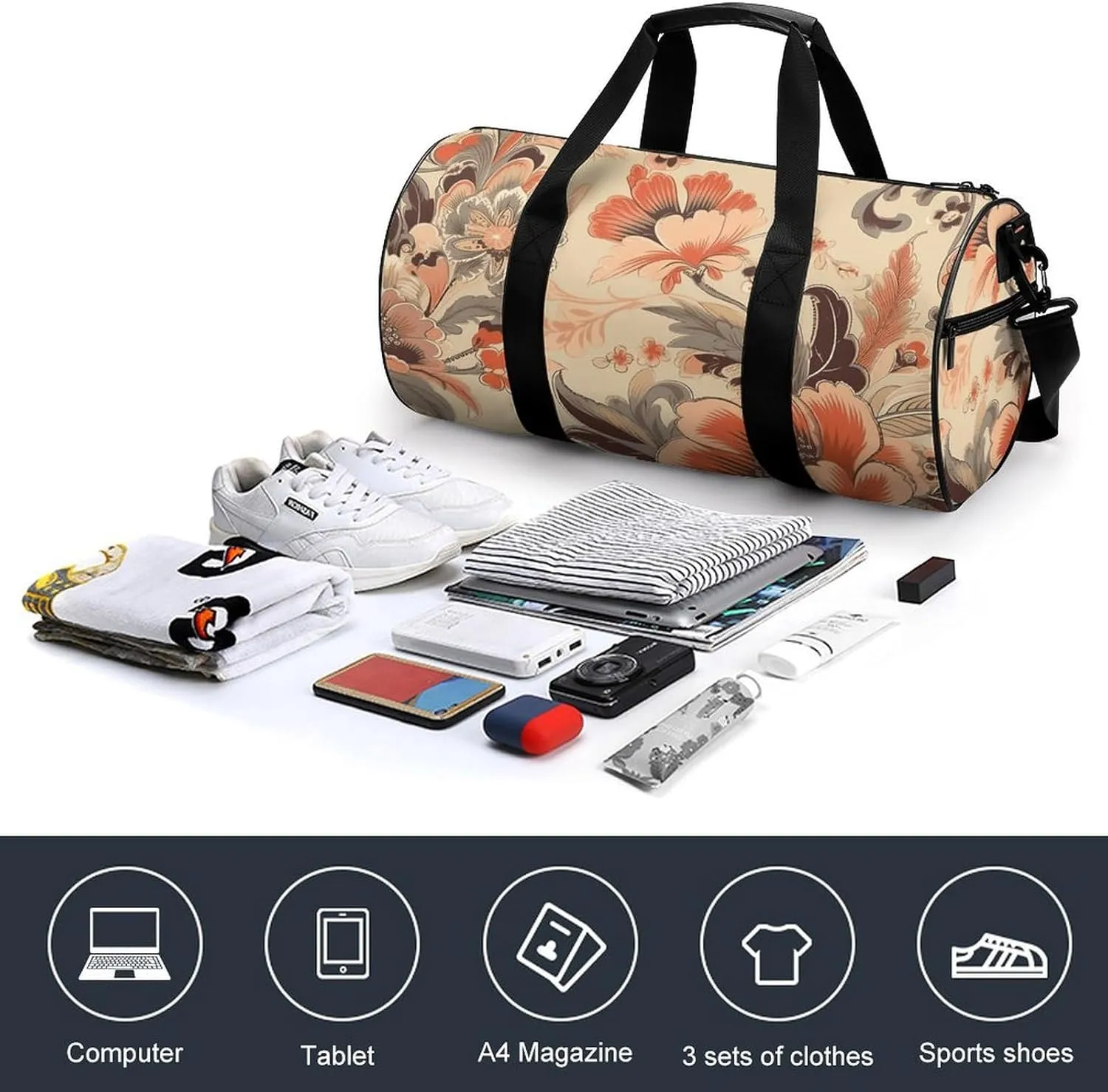 Duffel Bag for Men Women Gym Bag Floral And Leaf Patterns Travel Duffel Bag Waterproof Overnight Bag for Sports Workout