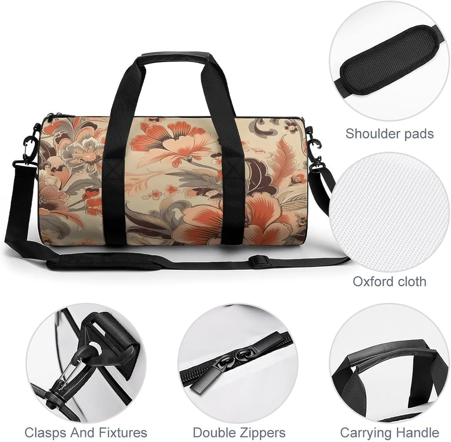 Duffel Bag for Men Women Gym Bag Floral And Leaf Patterns Travel Duffel Bag Waterproof Overnight Bag for Sports Workout