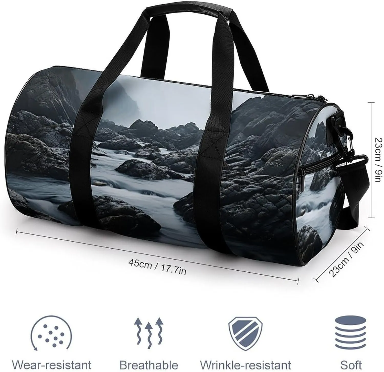 Duffel Bag for Men Women Gym Bag Foggy Rocks in Water Travel Duffel Bag Waterproof Overnight Bag for Sports Workout