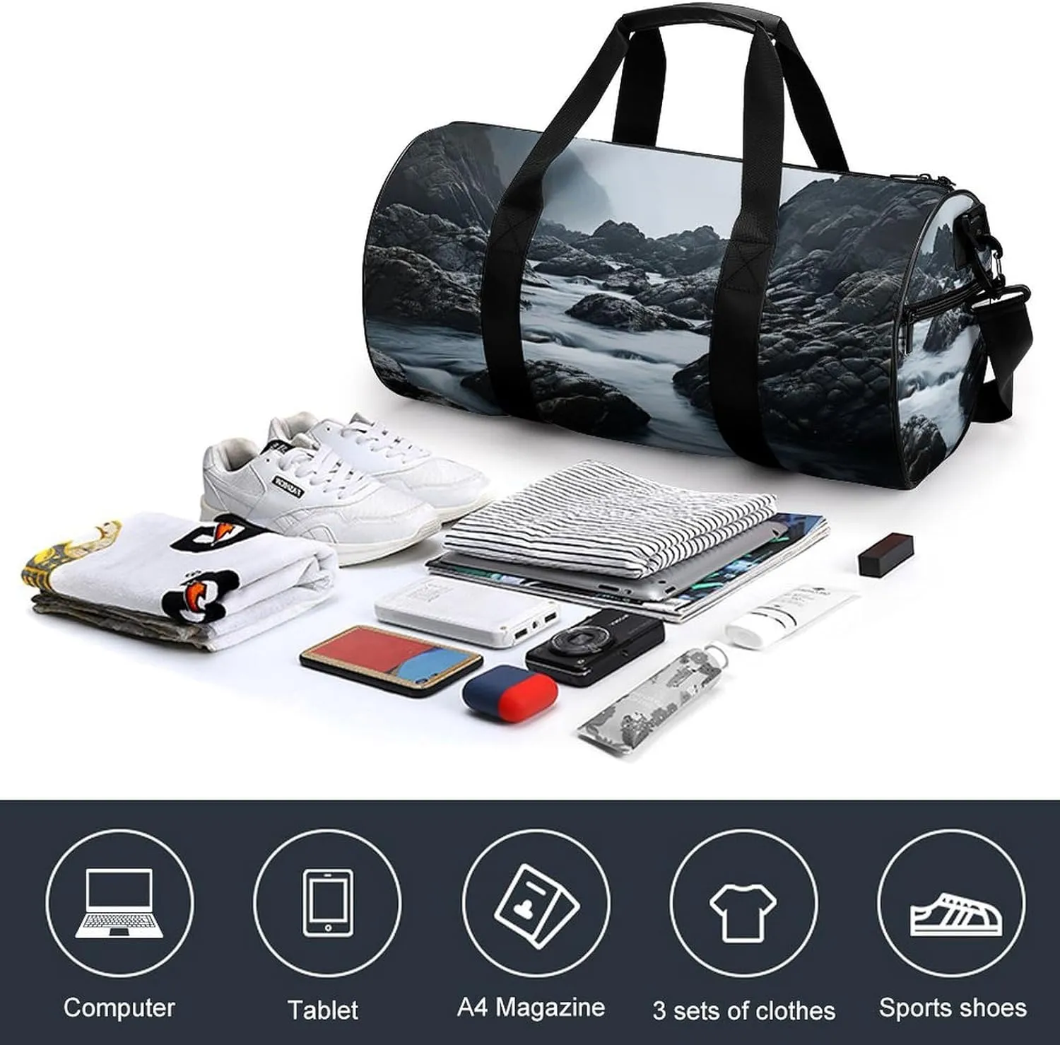 Duffel Bag for Men Women Gym Bag Foggy Rocks in Water Travel Duffel Bag Waterproof Overnight Bag for Sports Workout