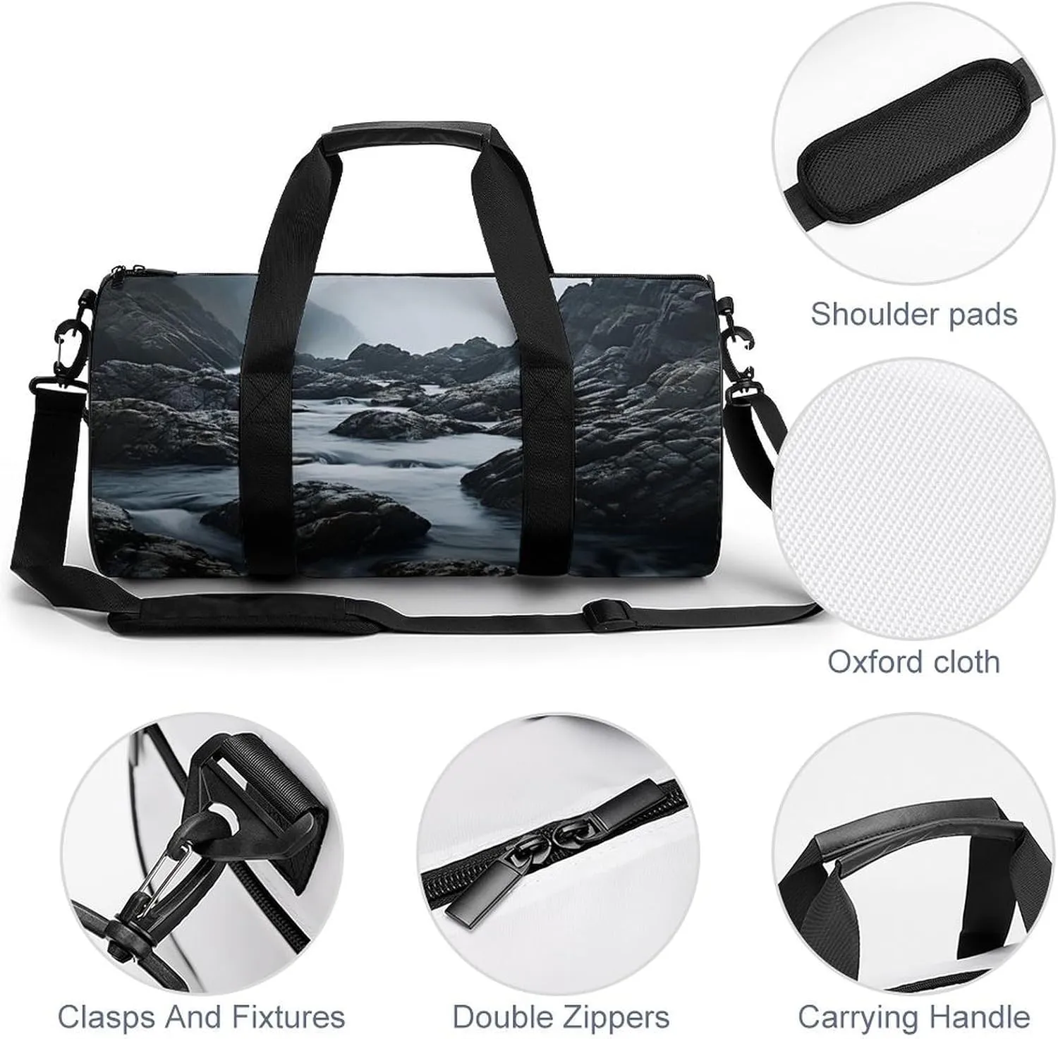 Duffel Bag for Men Women Gym Bag Foggy Rocks in Water Travel Duffel Bag Waterproof Overnight Bag for Sports Workout