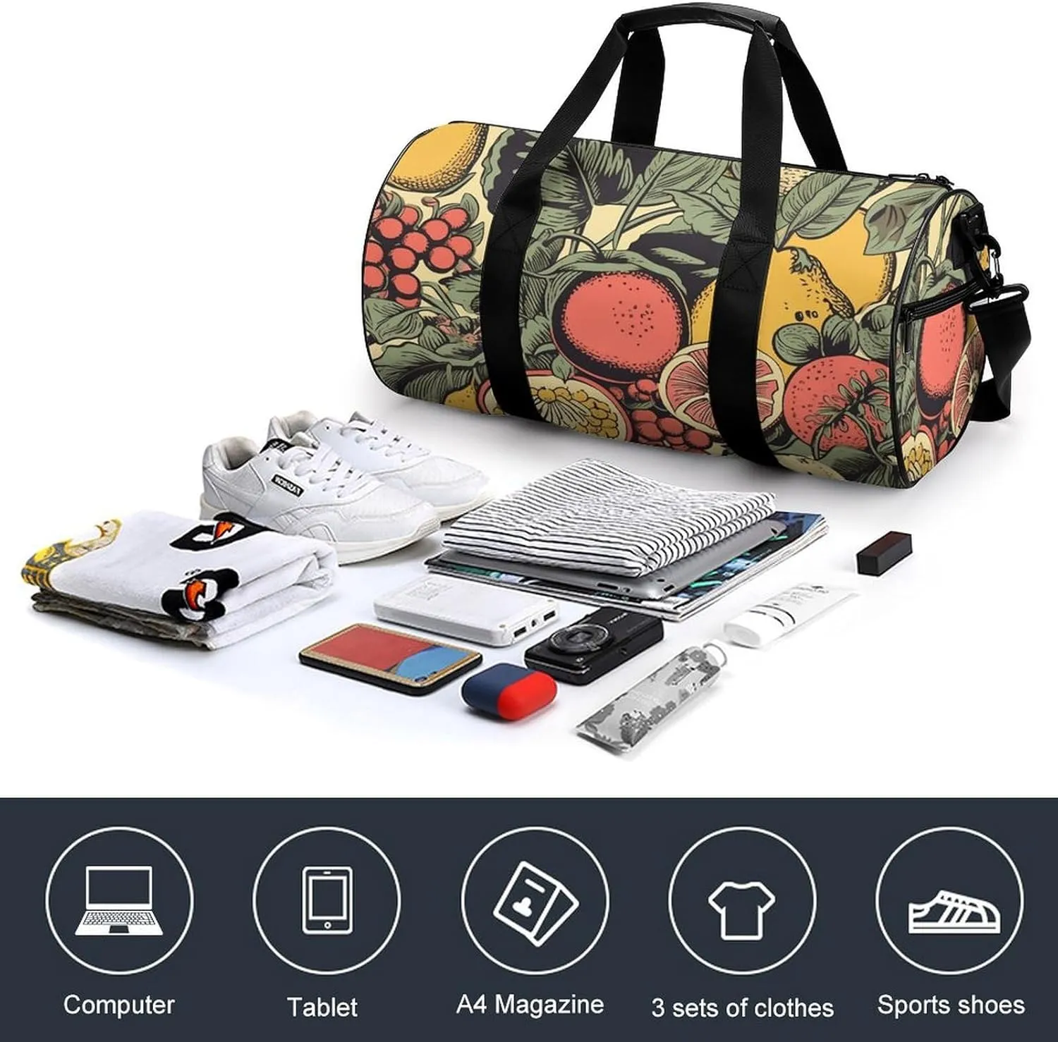 Duffel Bag for Men Women Gym Bag Fruits And Leaves Travel Duffel Bag Waterproof Overnight Bag for Sports Workout