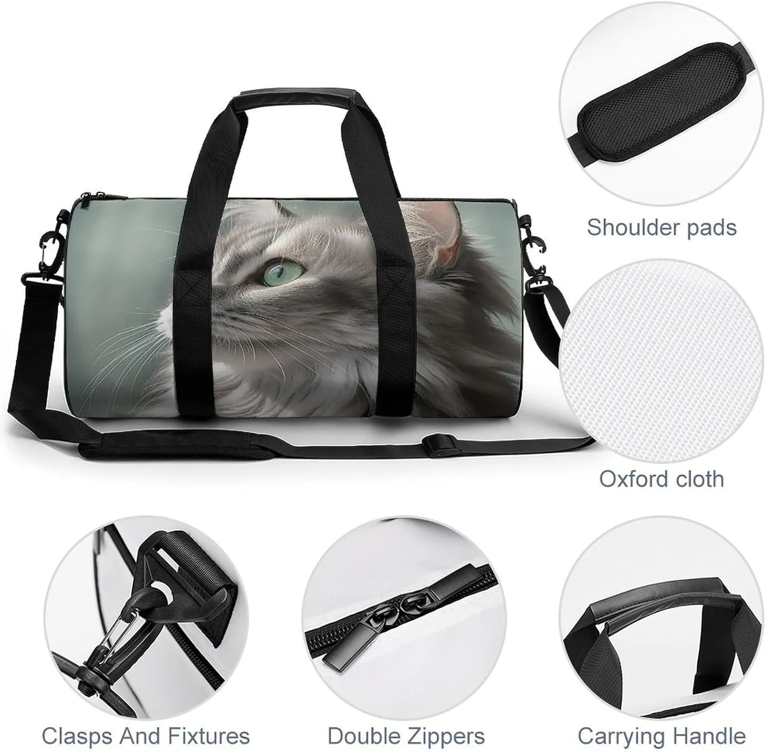 Duffel Bag for Men Women Gym Bag Gray Cat Picture Travel Duffel Bag Waterproof Overnight Bag for Sports Workout