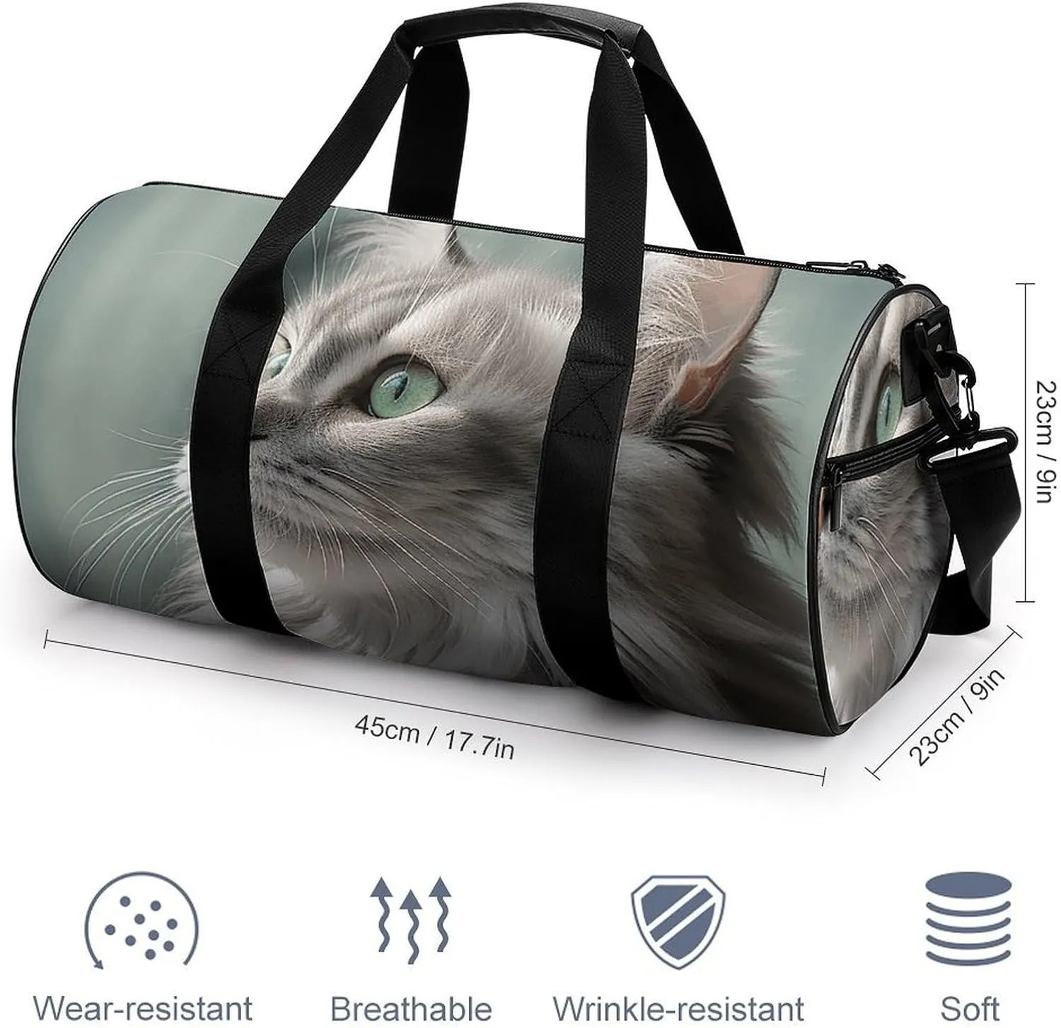 Duffel Bag for Men Women Gym Bag Gray Cat Picture Travel Duffel Bag Waterproof Overnight Bag for Sports Workout