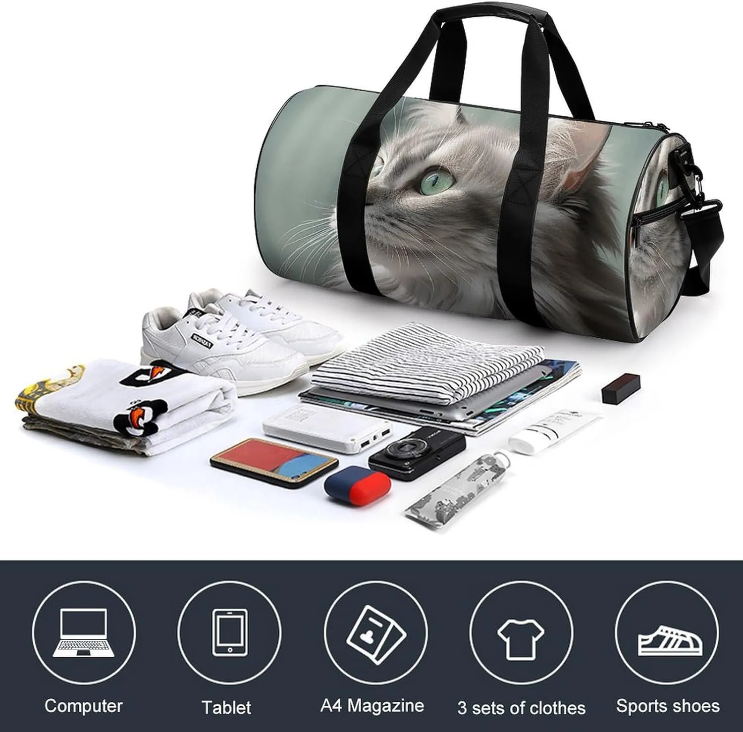 Duffel Bag for Men Women Gym Bag Gray Cat Picture Travel Duffel Bag Waterproof Overnight Bag for Sports Workout