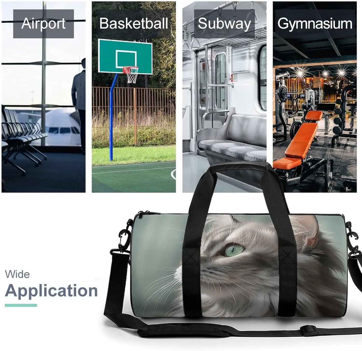 Duffel Bag for Men Women Gym Bag Gray Cat Picture Travel Duffel Bag Waterproof Overnight Bag for Sports Workout
