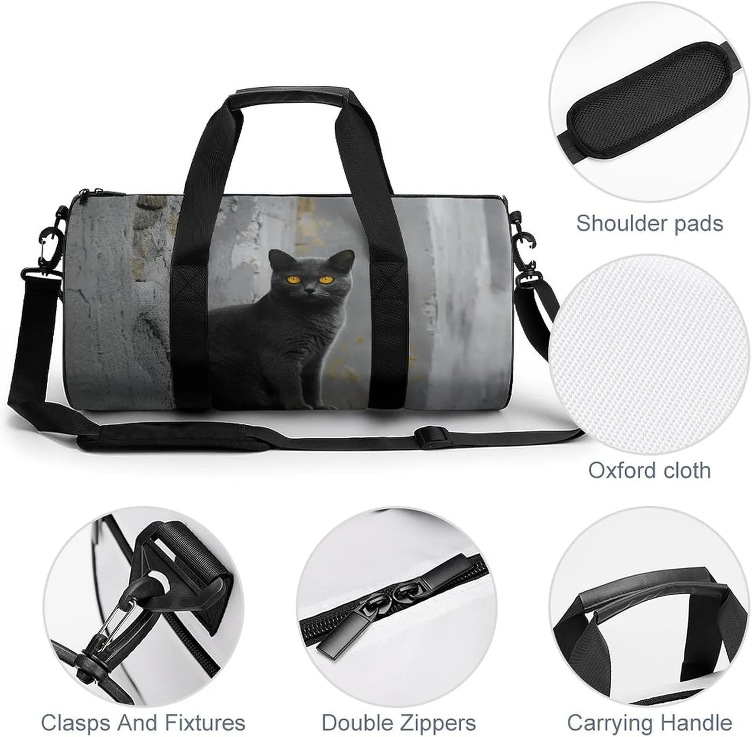 Duffel Bag for Men Women Gym Bag Gray Cat with Yellow Eyes Travel Duffel Bag Waterproof Overnight Bag for Sports Workout