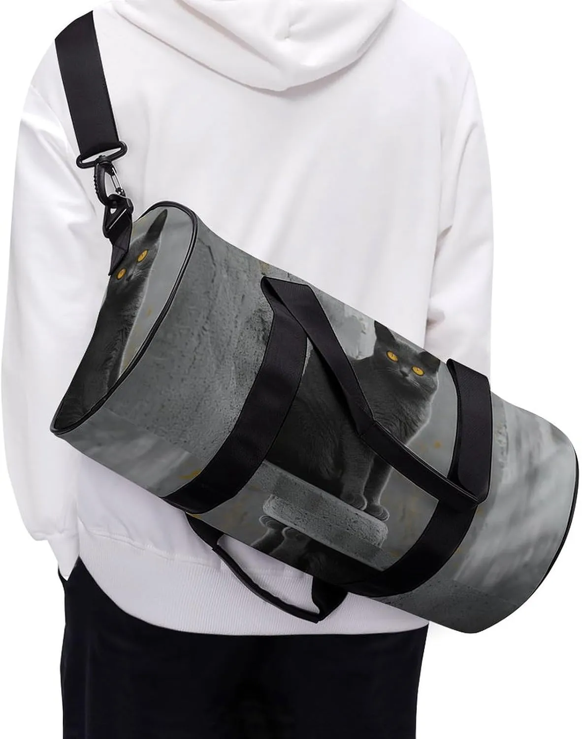 Duffel Bag for Men Women Gym Bag Gray Cat with Yellow Eyes Travel Duffel Bag Waterproof Overnight Bag for Sports Workout