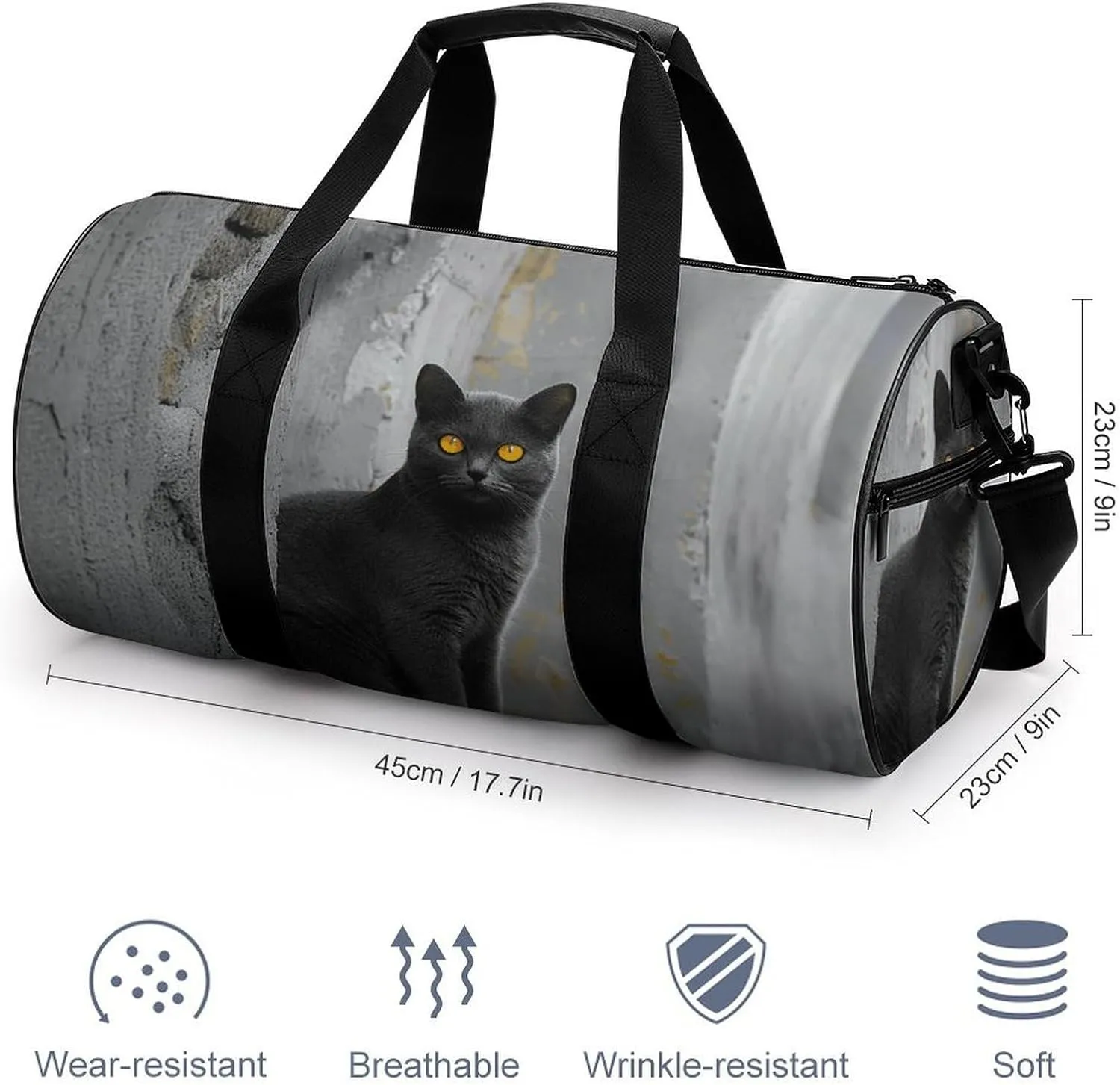 Duffel Bag for Men Women Gym Bag Gray Cat with Yellow Eyes Travel Duffel Bag Waterproof Overnight Bag for Sports Workout