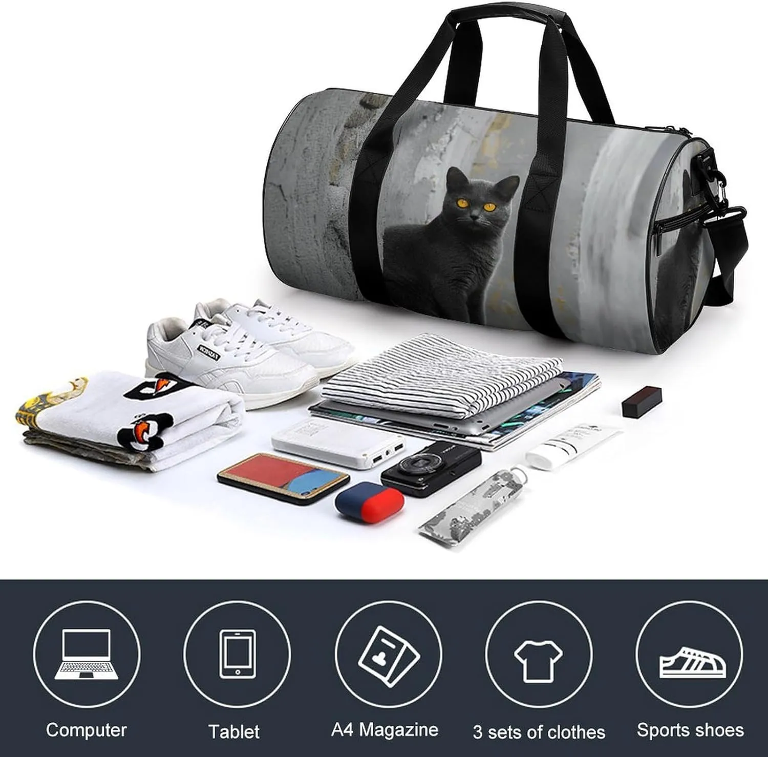 Duffel Bag for Men Women Gym Bag Gray Cat with Yellow Eyes Travel Duffel Bag Waterproof Overnight Bag for Sports Workout