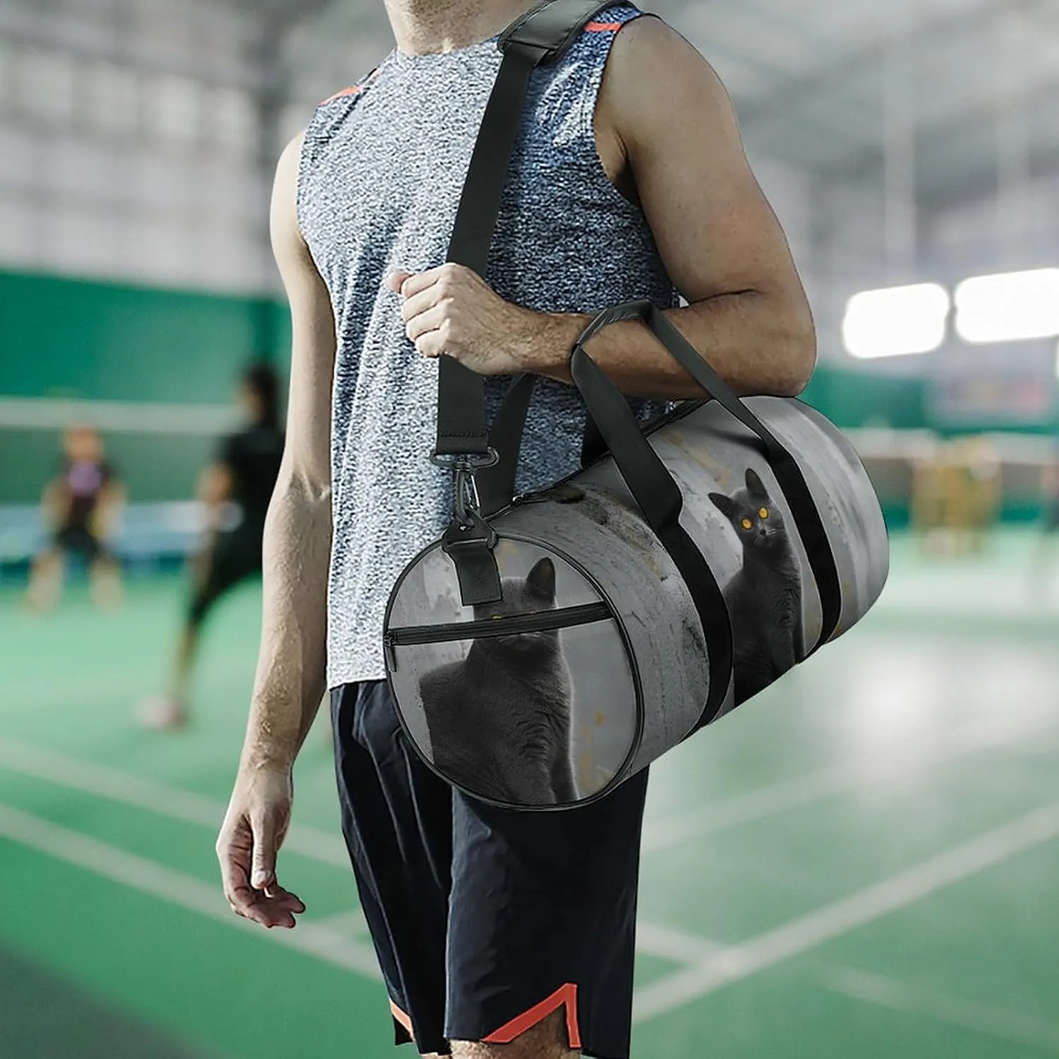 Duffel Bag for Men Women Gym Bag Gray Cat with Yellow Eyes Travel Duffel Bag Waterproof Overnight Bag for Sports Workout