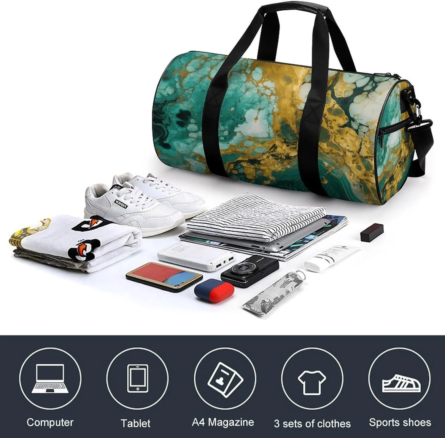 Duffel Bag for Men Women Gym Bag Green Marble Pattern Travel Duffel Bag Waterproof Overnight Bag for Sports Workout