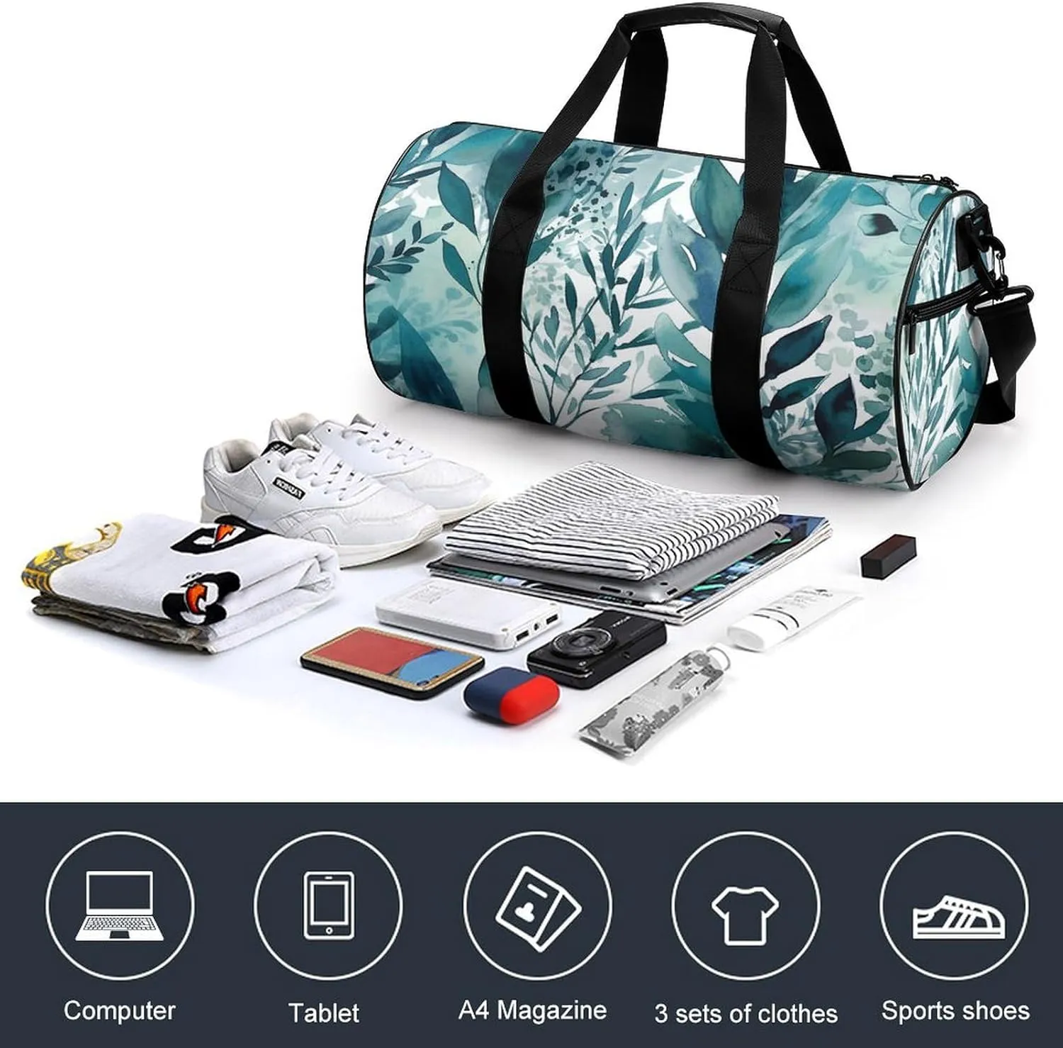 Duffel Bag for Men Women Gym Bag Hand Drawn Leaf Pattern Travel Duffel Bag Waterproof Overnight Bag for Sports Workout