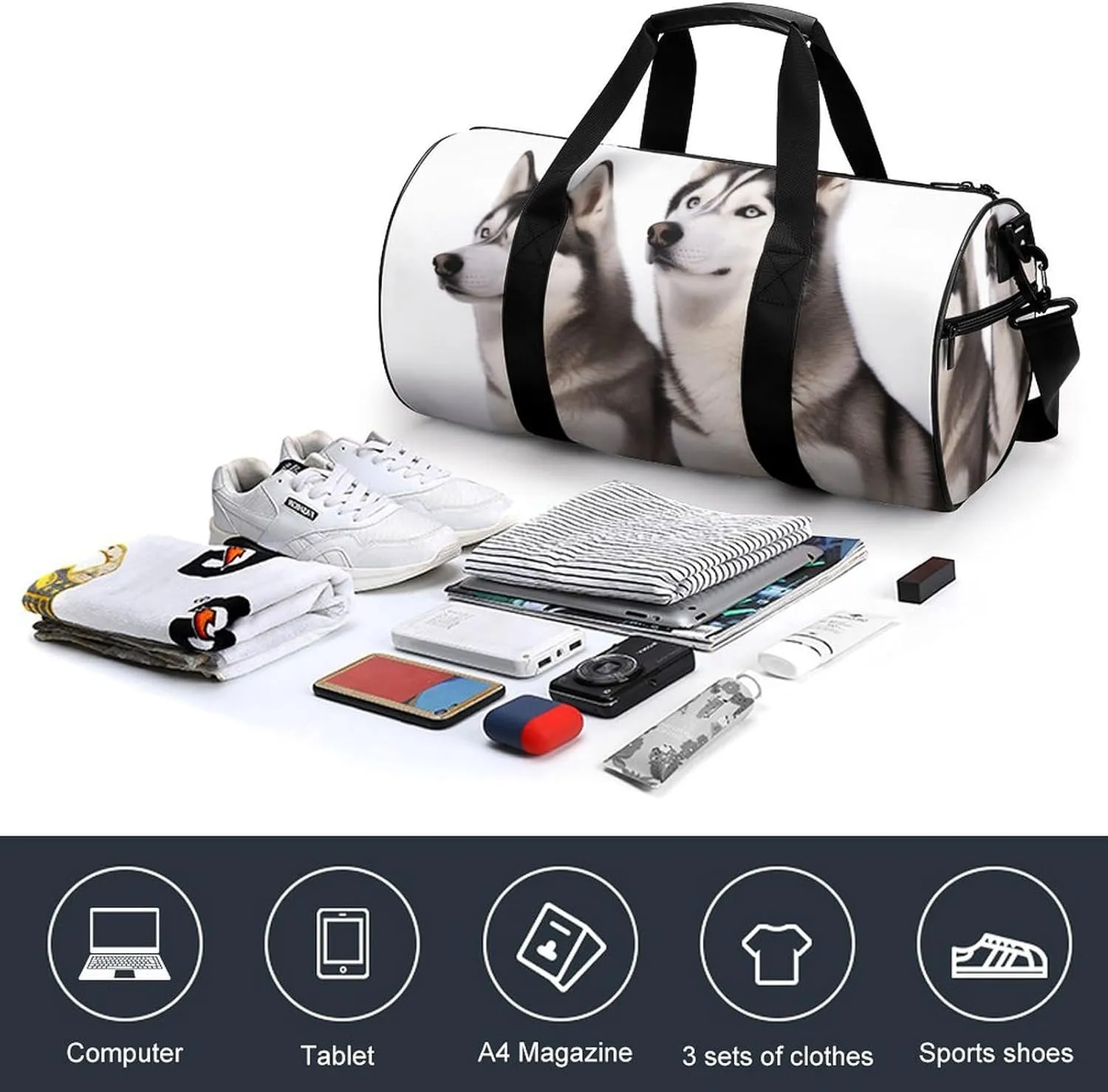 Duffel Bag for Men Women Gym Bag Husky Dogs Travel Duffel Bag Waterproof Overnight Bag for Sports Workout