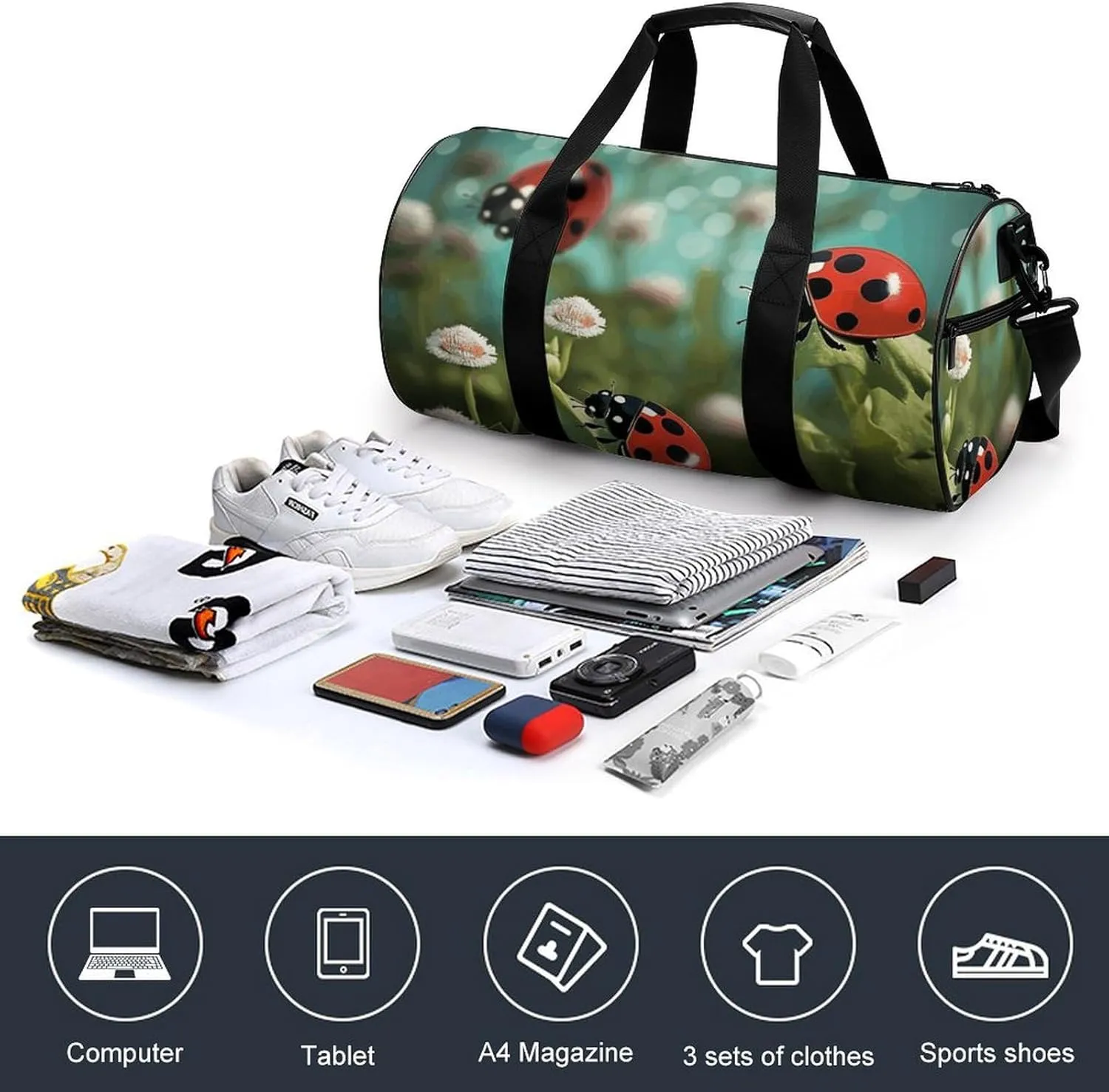Duffel Bag for Men Women Gym Bag Ladybug Landscape Travel Duffel Bag Waterproof Overnight Bag for Sports Workout