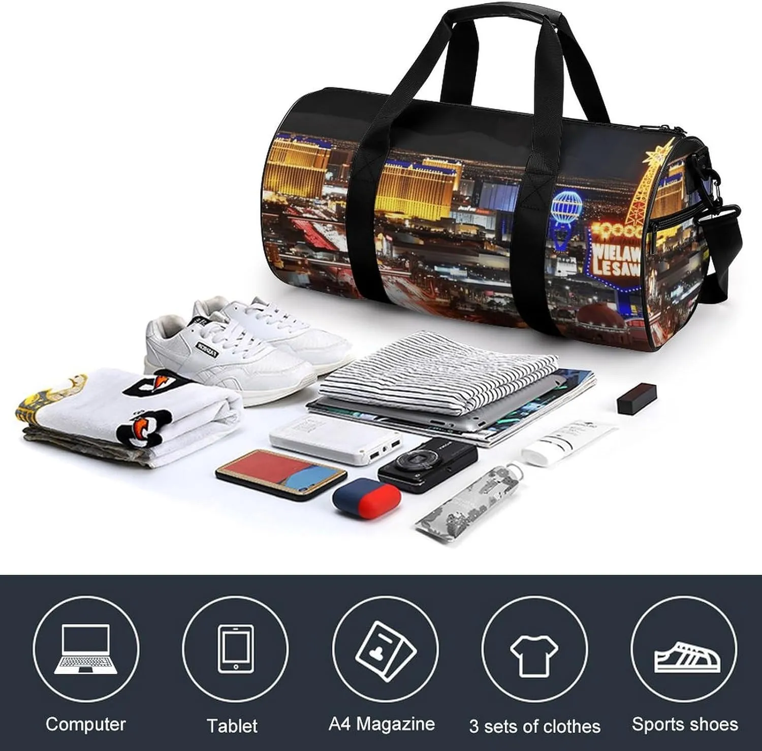 Duffel Bag for Men Women Gym Bag Las Vegas Night City Travel Duffel Bag Waterproof Overnight Bag for Sports Workout