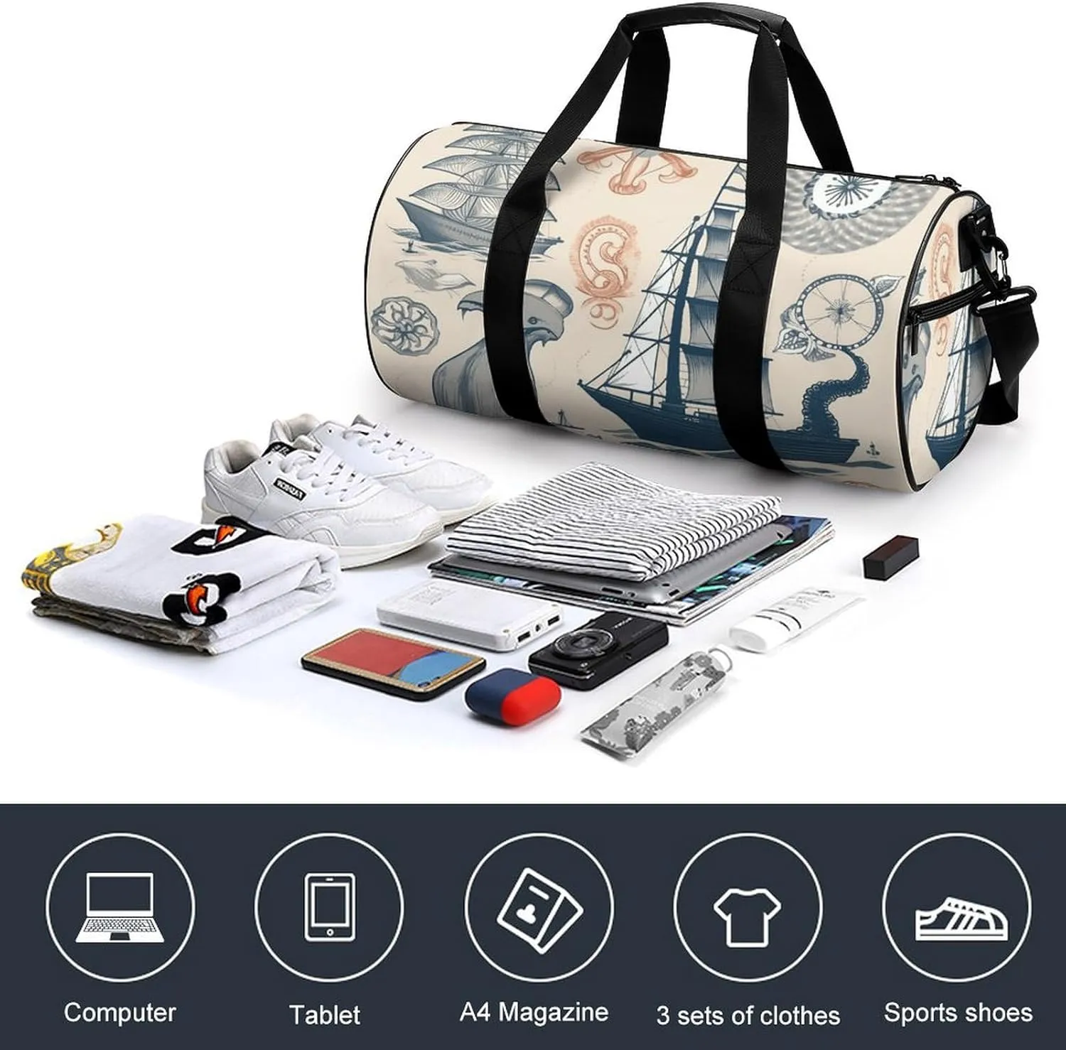 Duffel Bag for Men Women Gym Bag Lighthouse Sailboat Octopus Travel Duffel Bag Waterproof Overnight Bag for Sports Workout