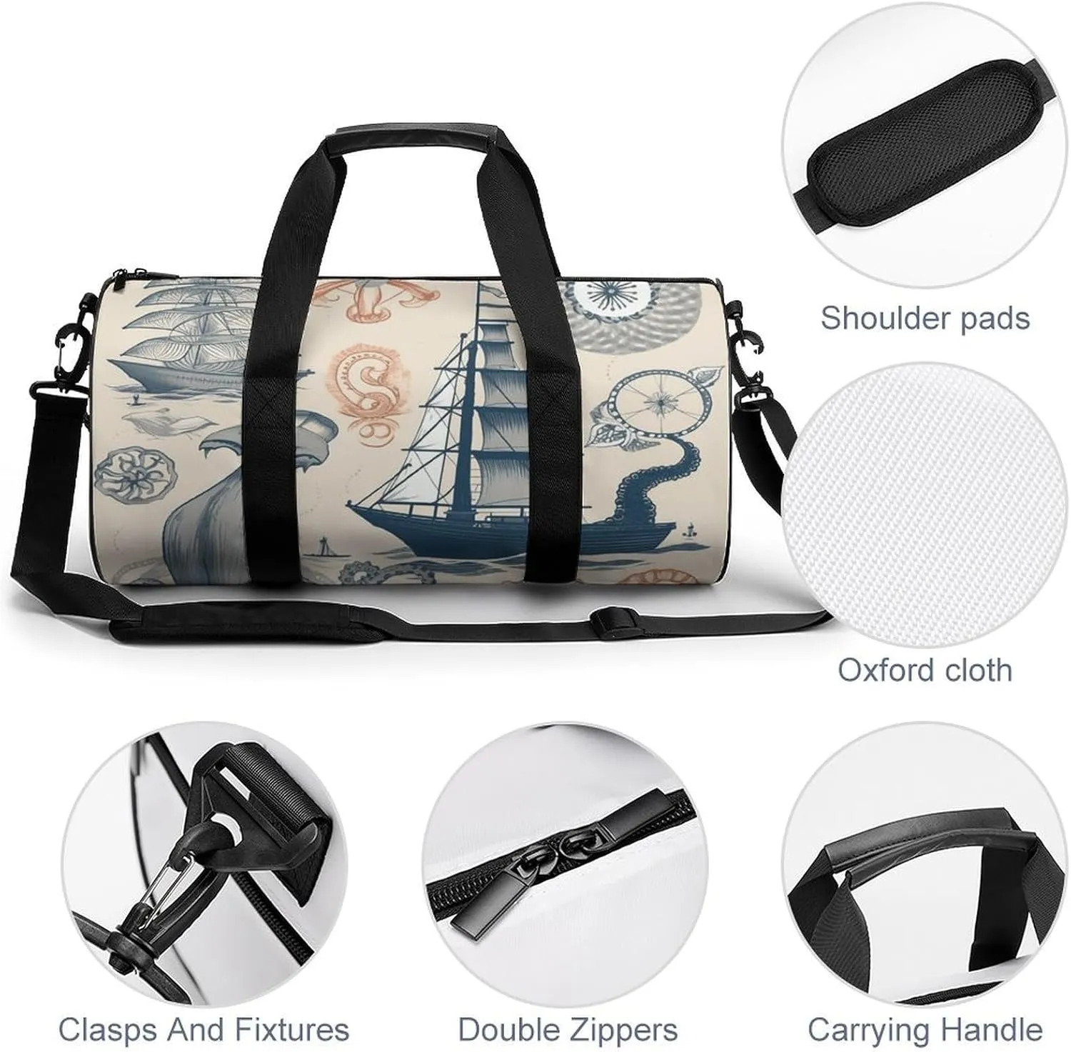 Duffel Bag for Men Women Gym Bag Lighthouse Sailboat Octopus Travel Duffel Bag Waterproof Overnight Bag for Sports Workout