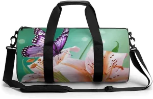 Duffel Bag for Men Women Gym Bag Lilies And Butterfly Travel Duffel Bag Waterproof Overnight Bag for Sports Workout