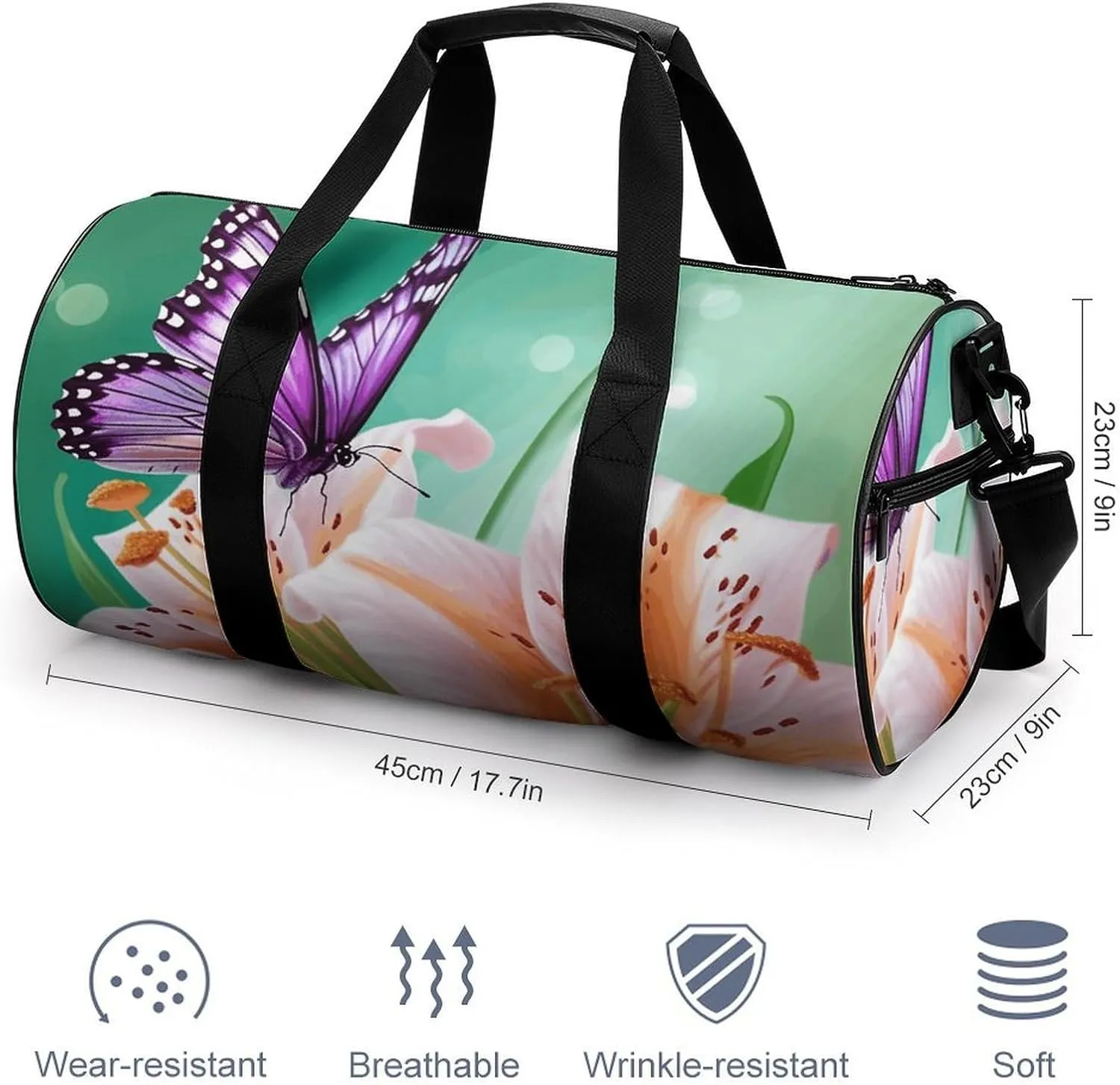 Duffel Bag for Men Women Gym Bag Lilies And Butterfly Travel Duffel Bag Waterproof Overnight Bag for Sports Workout