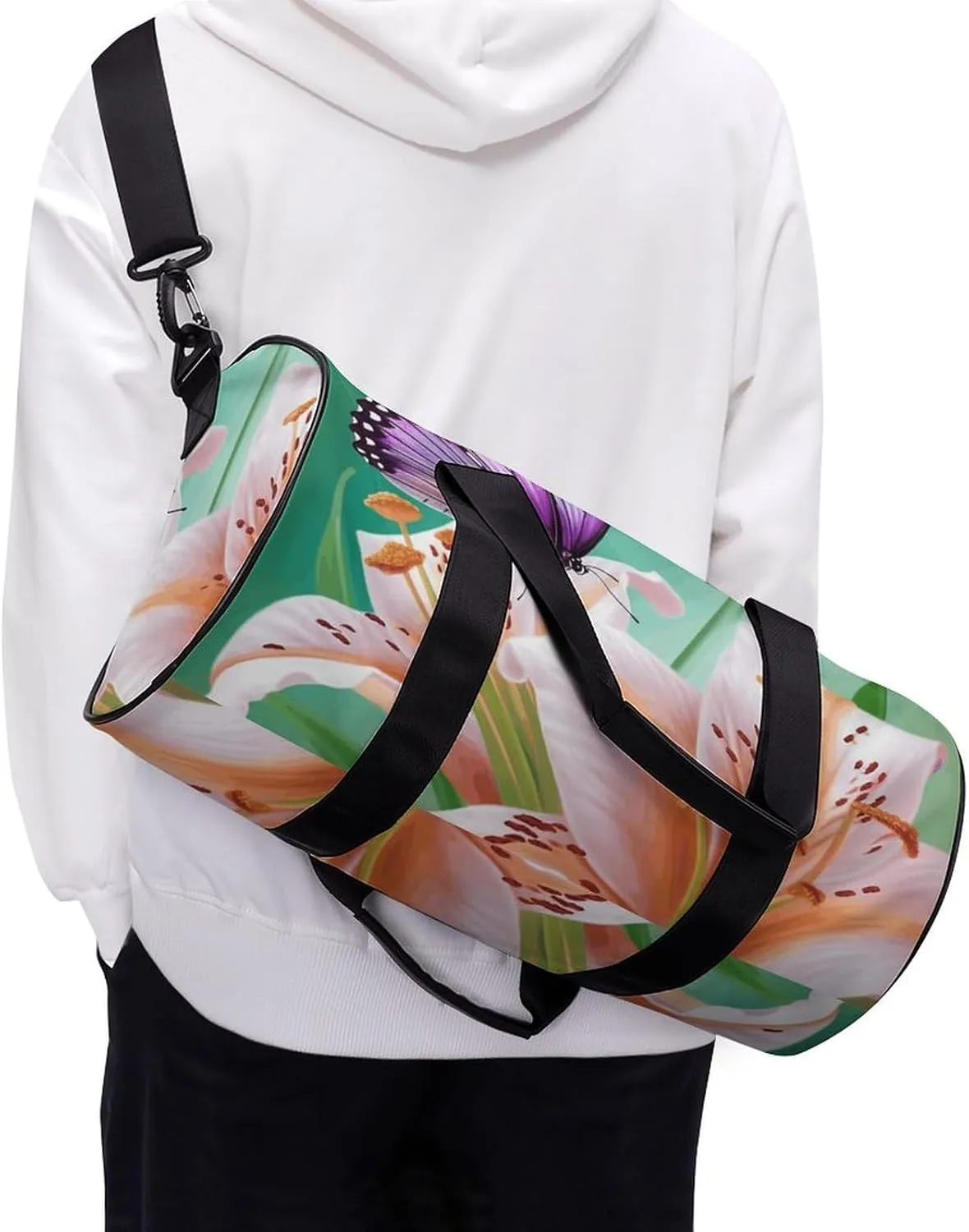 Duffel Bag for Men Women Gym Bag Lilies And Butterfly Travel Duffel Bag Waterproof Overnight Bag for Sports Workout
