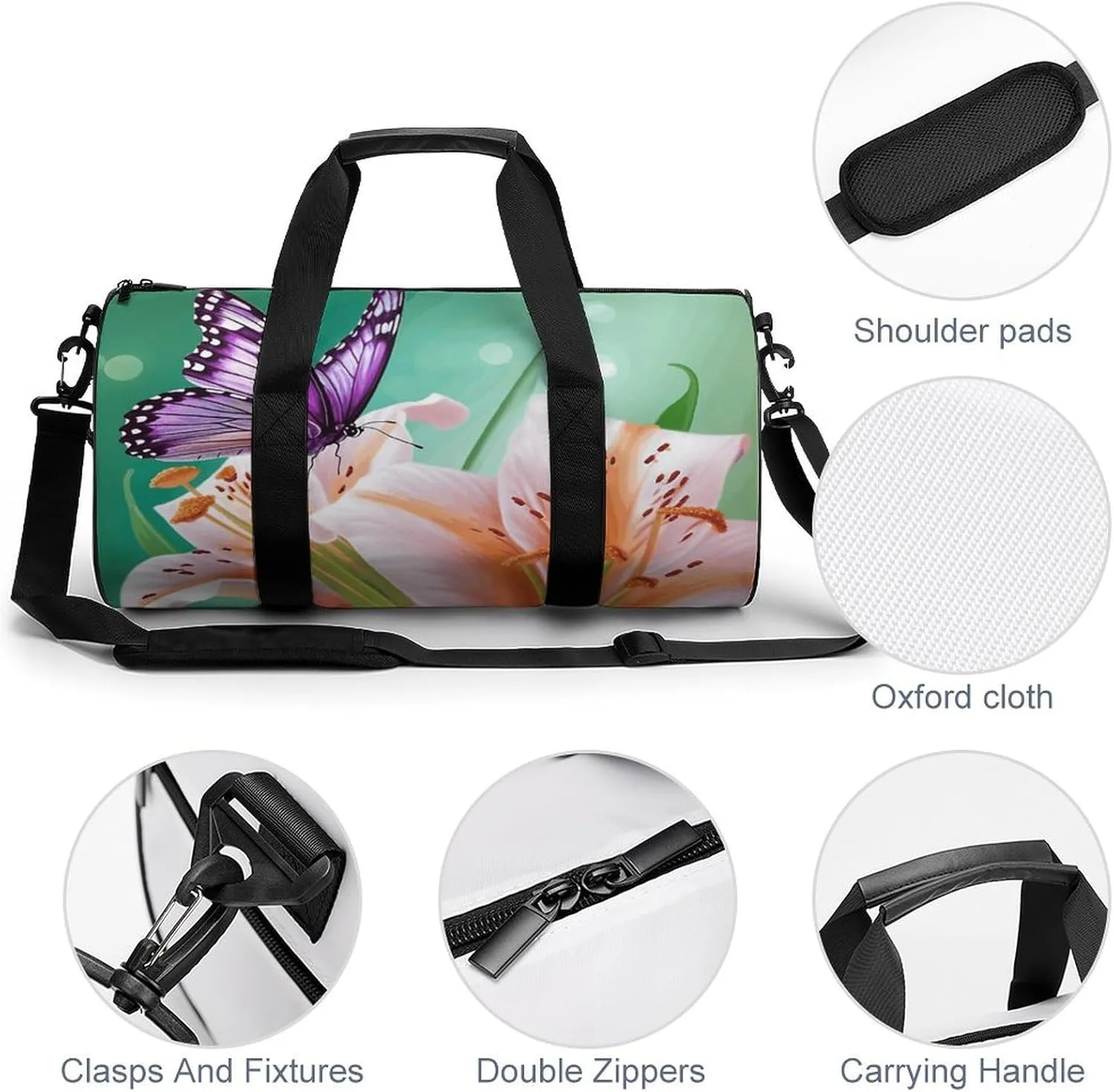 Duffel Bag for Men Women Gym Bag Lilies And Butterfly Travel Duffel Bag Waterproof Overnight Bag for Sports Workout
