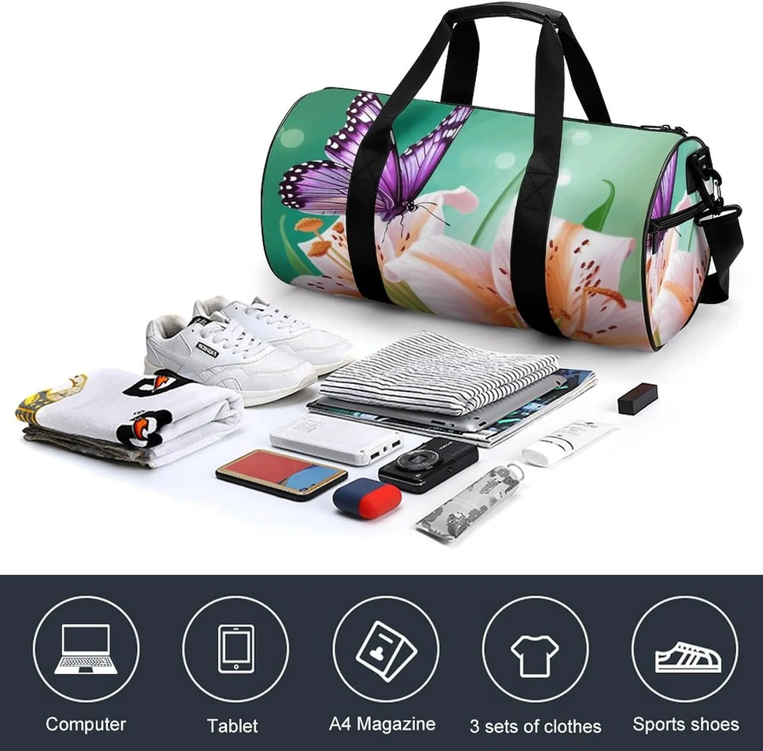 Duffel Bag for Men Women Gym Bag Lilies And Butterfly Travel Duffel Bag Waterproof Overnight Bag for Sports Workout